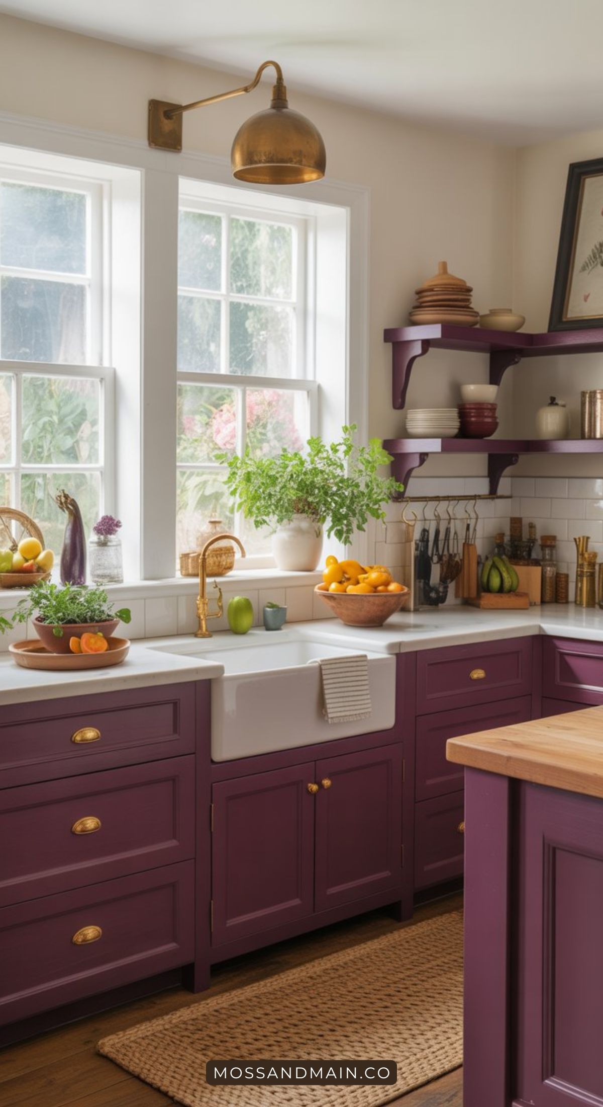 A bright kitchen with large windows, aubergine cabinets inspired by Aubergine Kitchen Ideas, gold hardware, a white farmhouse sink, wooden countertop, fresh fruits, potted plants, and open shelves displaying dishes and decor.