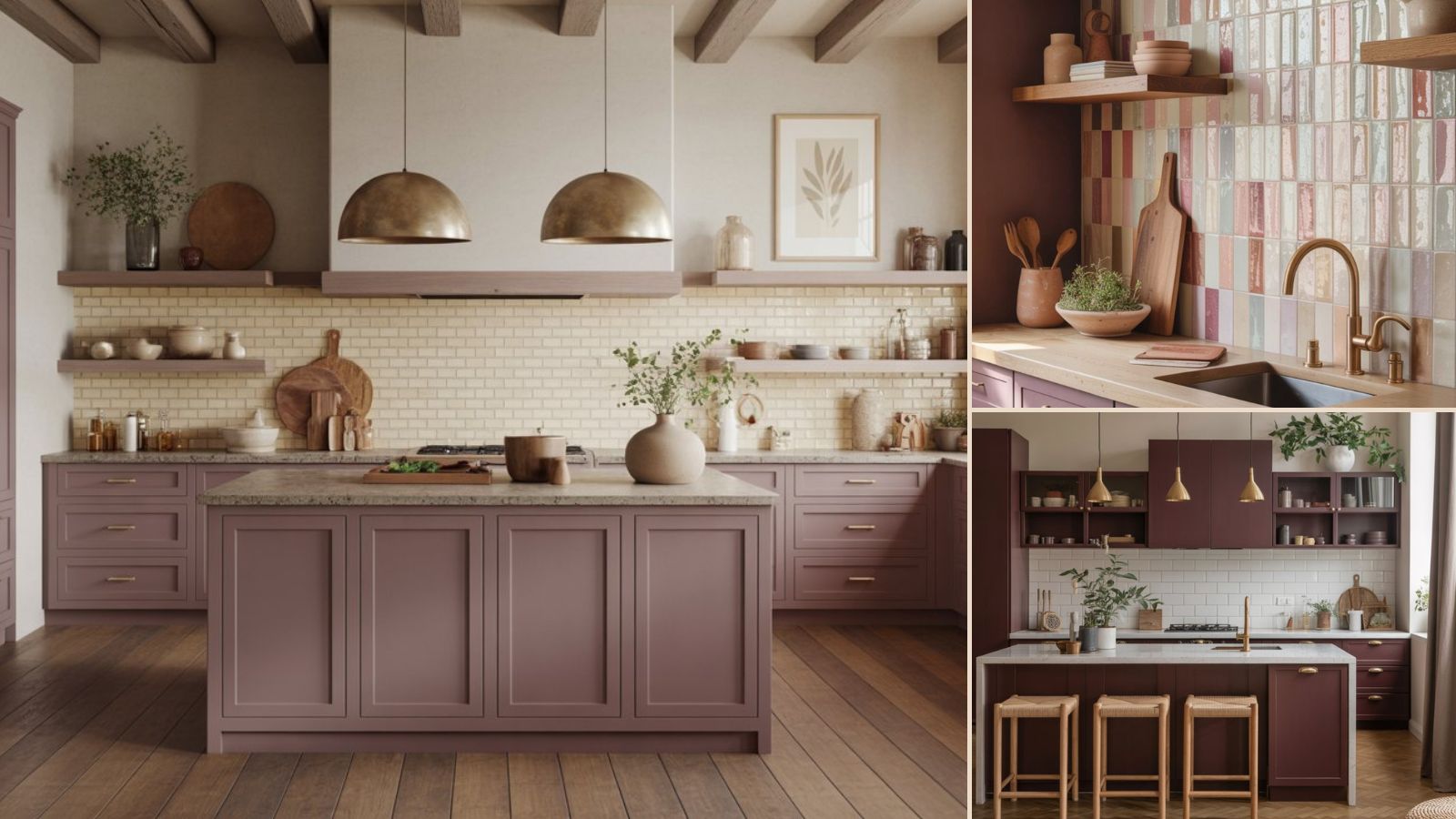 A modern kitchen with mauve cabinets, a central island, gold pendant lights, wooden accents, potted plants, open shelving, and a mix of natural and pastel tones, shown from different angles.