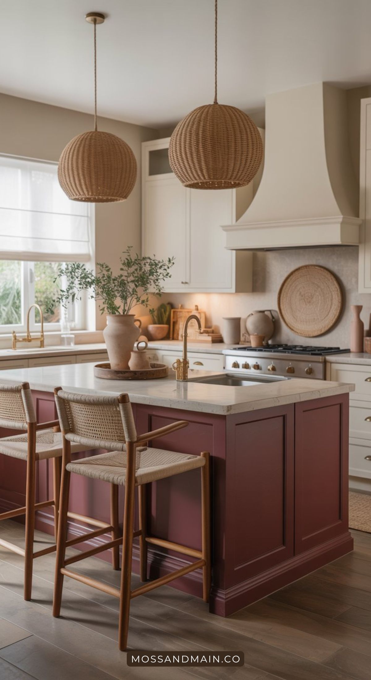 A modern kitchen with cream cabinets, a maroon island inspired by aubergine color, gold fixtures, woven bar stools, pendant lights, and decorative pottery accents. Sunlight streams through the window, offering warm kitchen ideas in an inviting space.