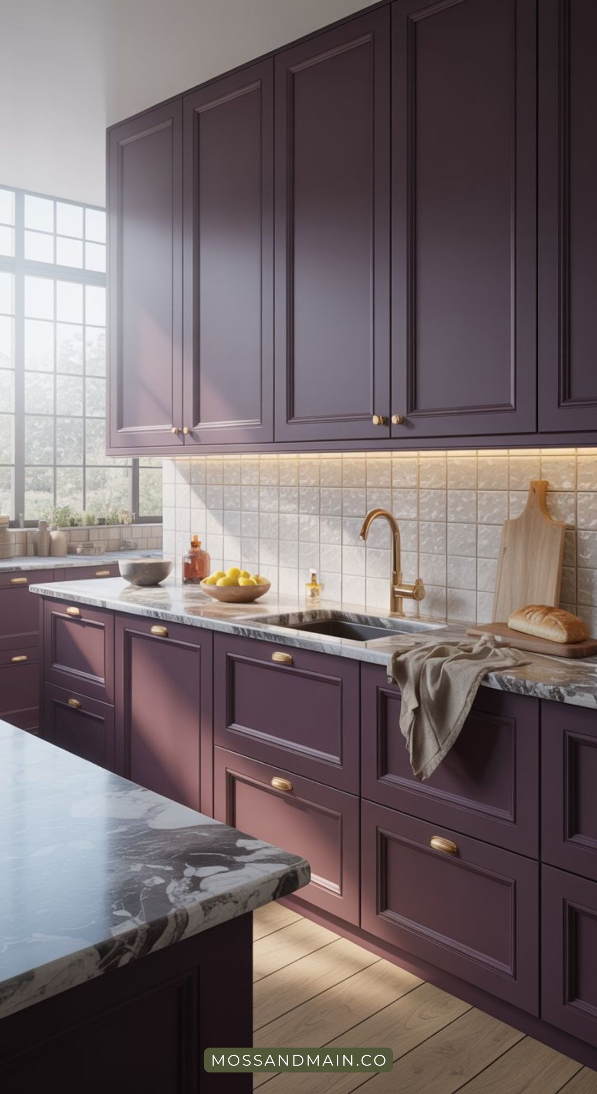 A modern kitchen with plum cabinets inspired by aubergine kitchen ideas, gold hardware, marble countertops, a farmhouse sink, and under-cabinet lighting. Bread and fruit rest on the counter, while large windows invite in natural light.