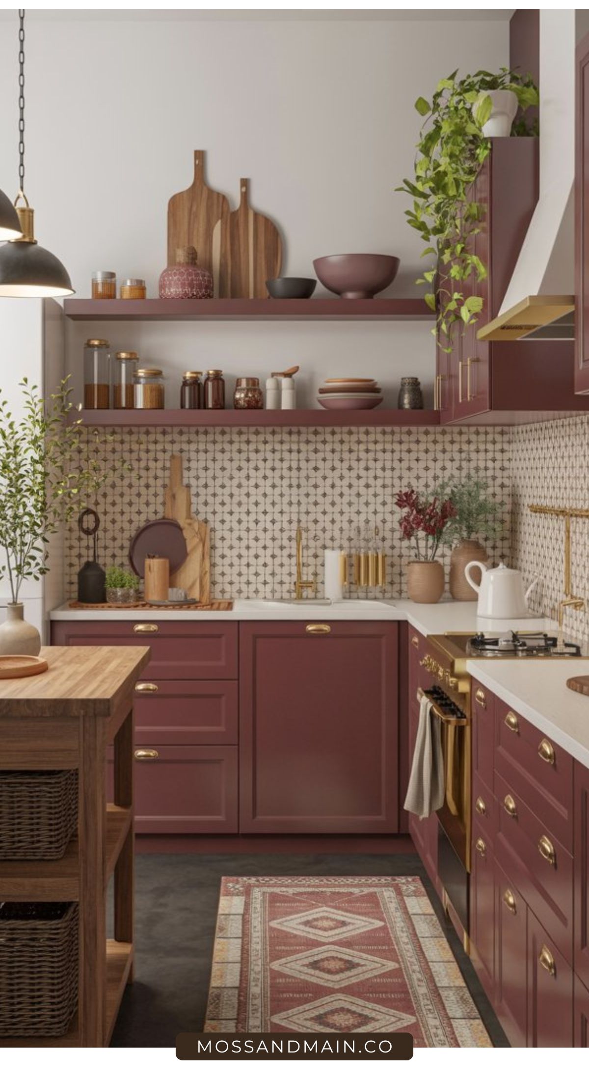 A modern kitchen with burgundy cabinets inspired by Aubergine Kitchen Ideas, open shelves displaying jars and dishes, a patterned backsplash, wooden accents, potted plants, and a wooden island with baskets. A patterned rug is on the dark floor.