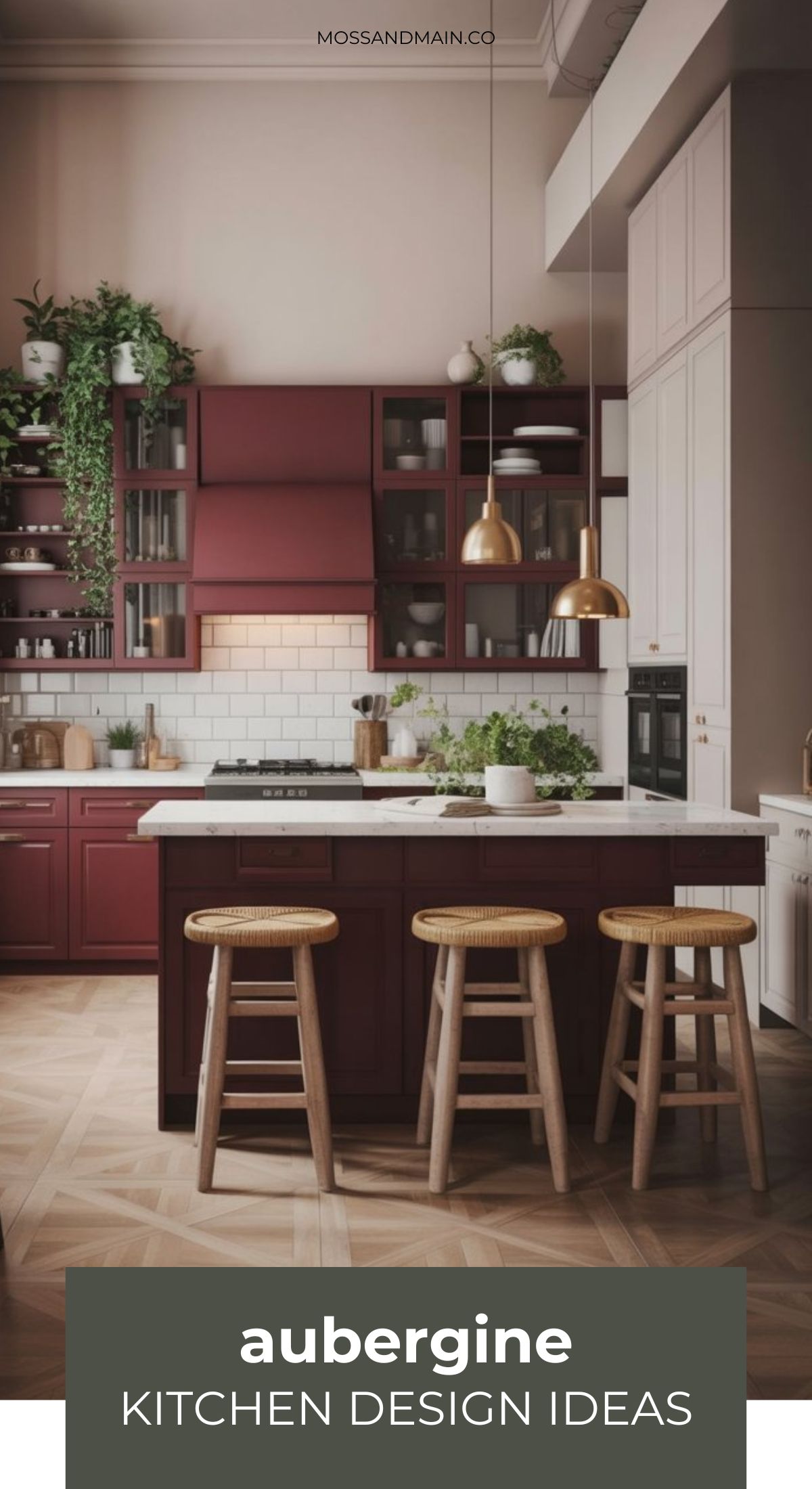 A modern kitchen with aubergine cabinets, a white countertop island with three wooden stools, hanging gold pendant lights, open shelves with plants, and a white tile backsplash. Text reads Aubergine Kitchen Ideas with burgundy and plum accents.