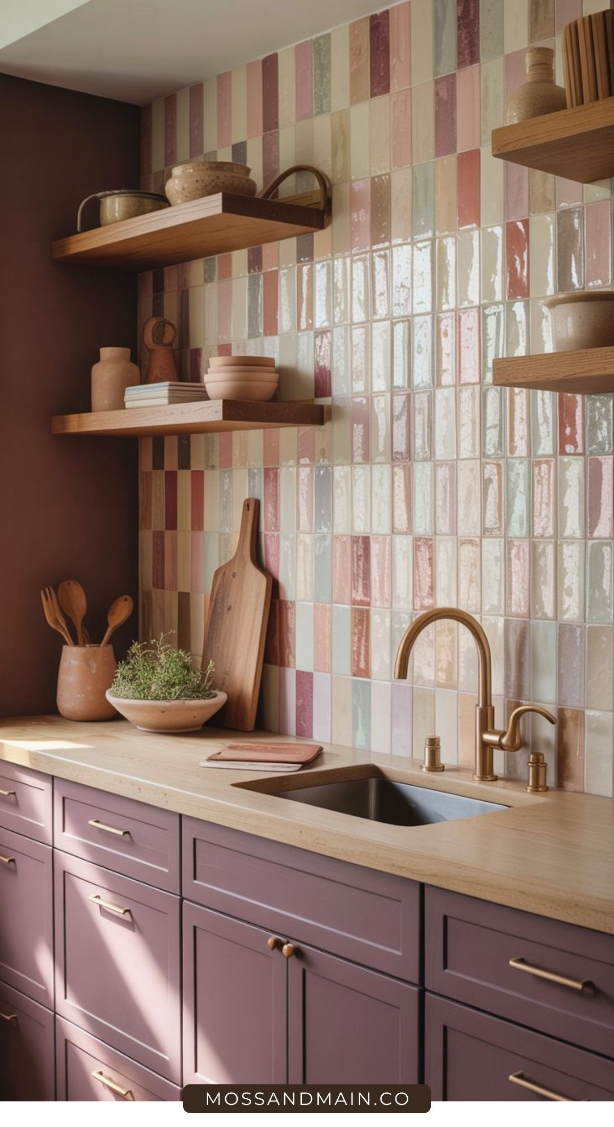 A modern kitchen with mauve cabinets, a light wood countertop, and a gold faucet features a backsplash of vertical pastel tiles in pink, cream, mauve, and subtle plum tones—perfect for those seeking fresh aubergine kitchen ideas.