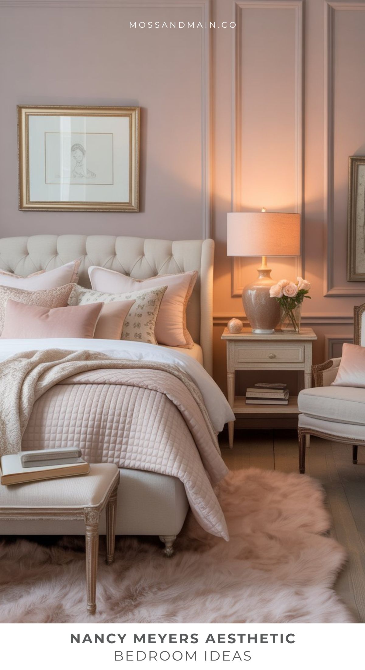 Elegant bedroom with blush pink walls, tufted headboard, layered pillows, cozy bedding, and a nightstand with flowers—a classic bedroom full of cozy Nancy Meyers bedroom ideas for a soft, inviting aesthetic.