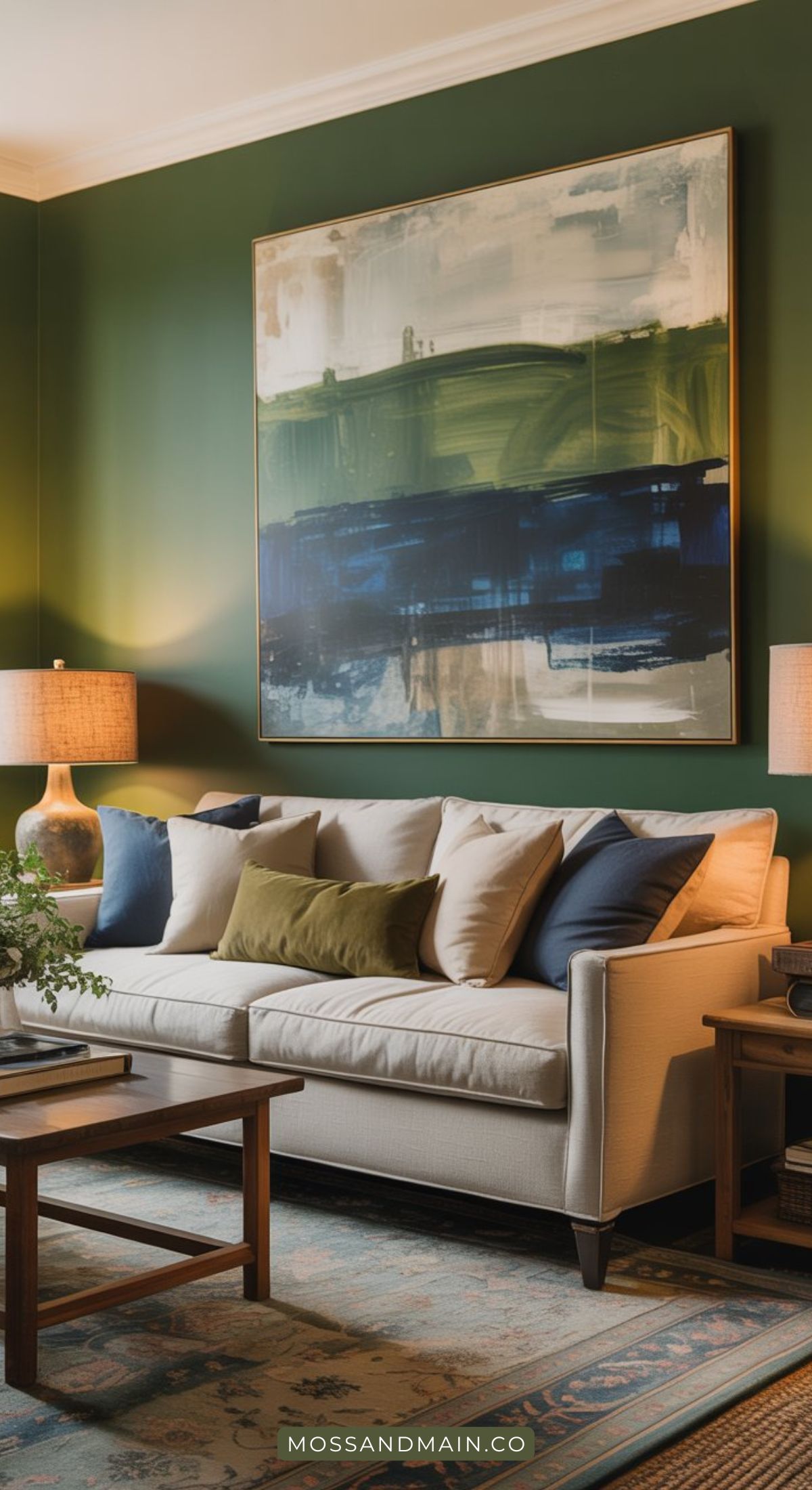 A stylish living room with a green color scheme, a large abstract painting, a beige sofa with assorted pillows, two wooden side tables with lamps, and a patterned rug. The space has a cozy, modern feel.