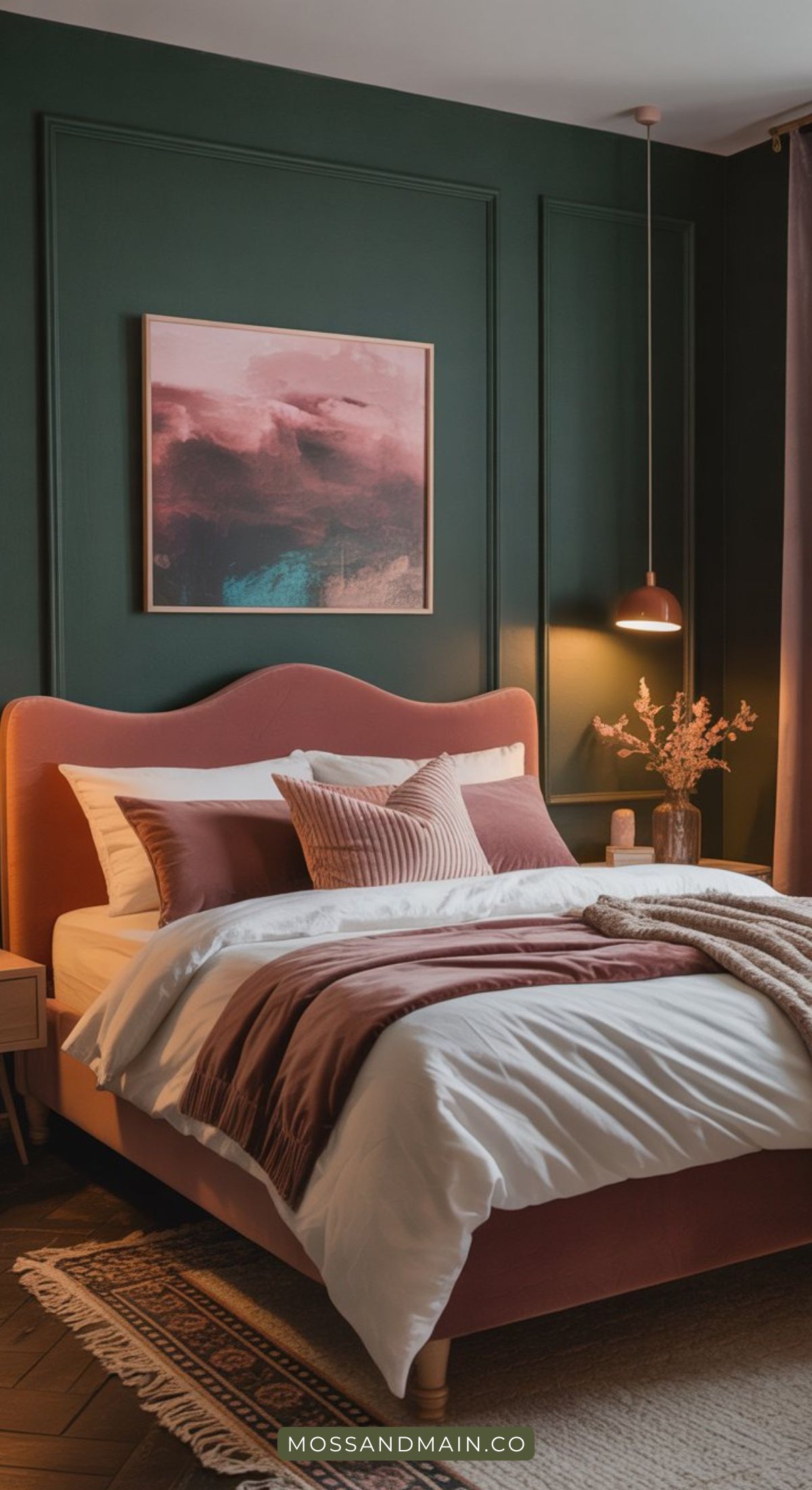 A cozy bedroom with a dark green color scheme, a pink upholstered bed, white and blush bedding, pink accent pillows, a pink abstract painting, and warm lighting from a hanging lamp and bedside decor that highlights the unique color combinations.