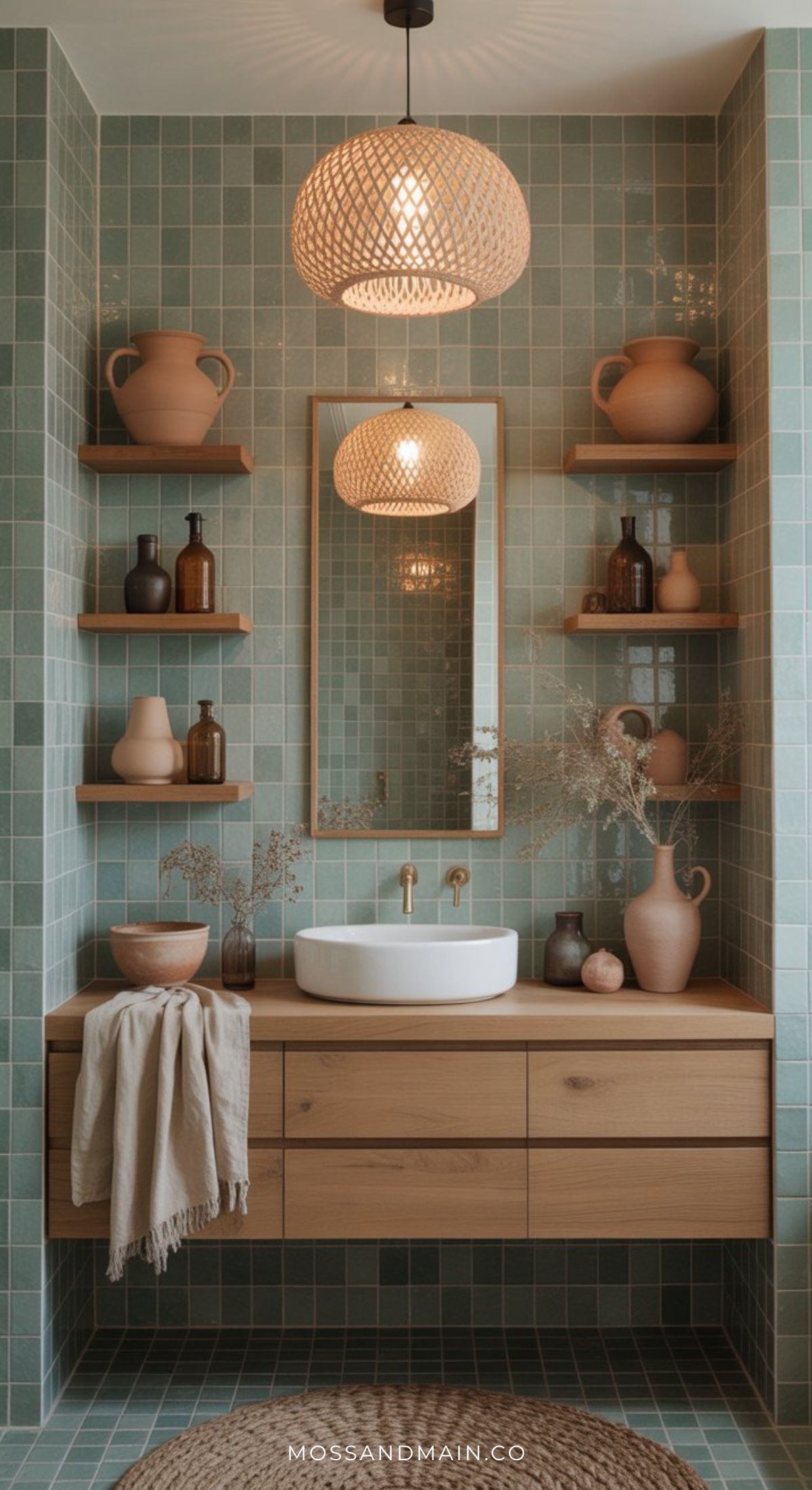A modern, cozy bathroom with sage green tile walls, a wooden floating vanity, round white sink, wall shelves holding vases and bottles, a rectangular mirror, and a woven pendant light. Dried flowers decorate the shelves and sink—perfect for bathroom ideas.