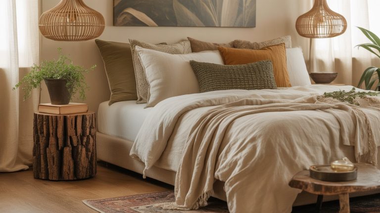 A cozy bedroom with neutral tones features a bed with layered pillows and a beige blanket. Boho bedside tables, hanging wicker lamps, potted plants, and soft lighting add an earthy touch to this effortlessly cool, inviting space.