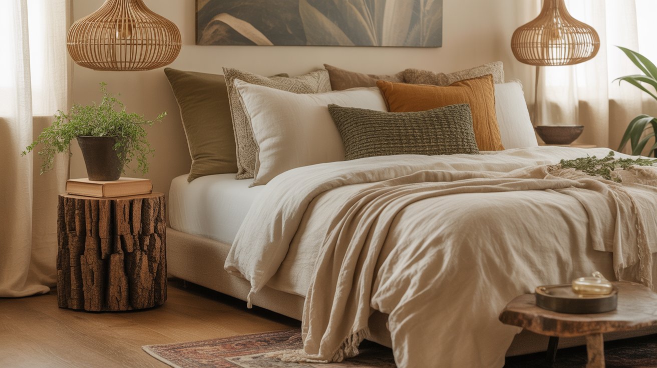 A cozy bedroom with neutral tones features a bed with layered pillows and a beige blanket. Boho bedside tables, hanging wicker lamps, potted plants, and soft lighting add an earthy touch to this effortlessly cool, inviting space.