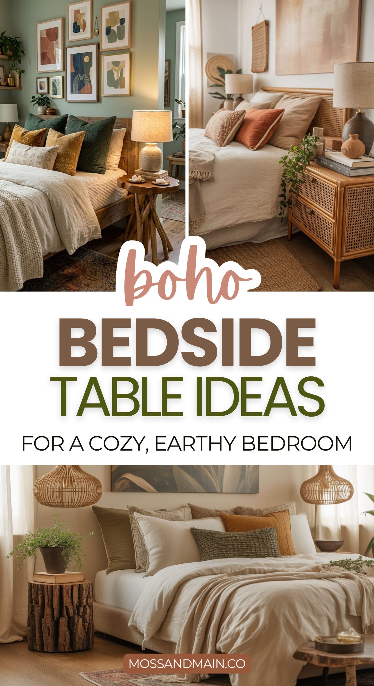 Collage of cozy bedrooms with boho-style and rustic bedside tables featuring natural wood, rattan, plants, and soft lighting. Text: Boho Bedside Table Ideas for a Cozy, Earthy Bedroom.