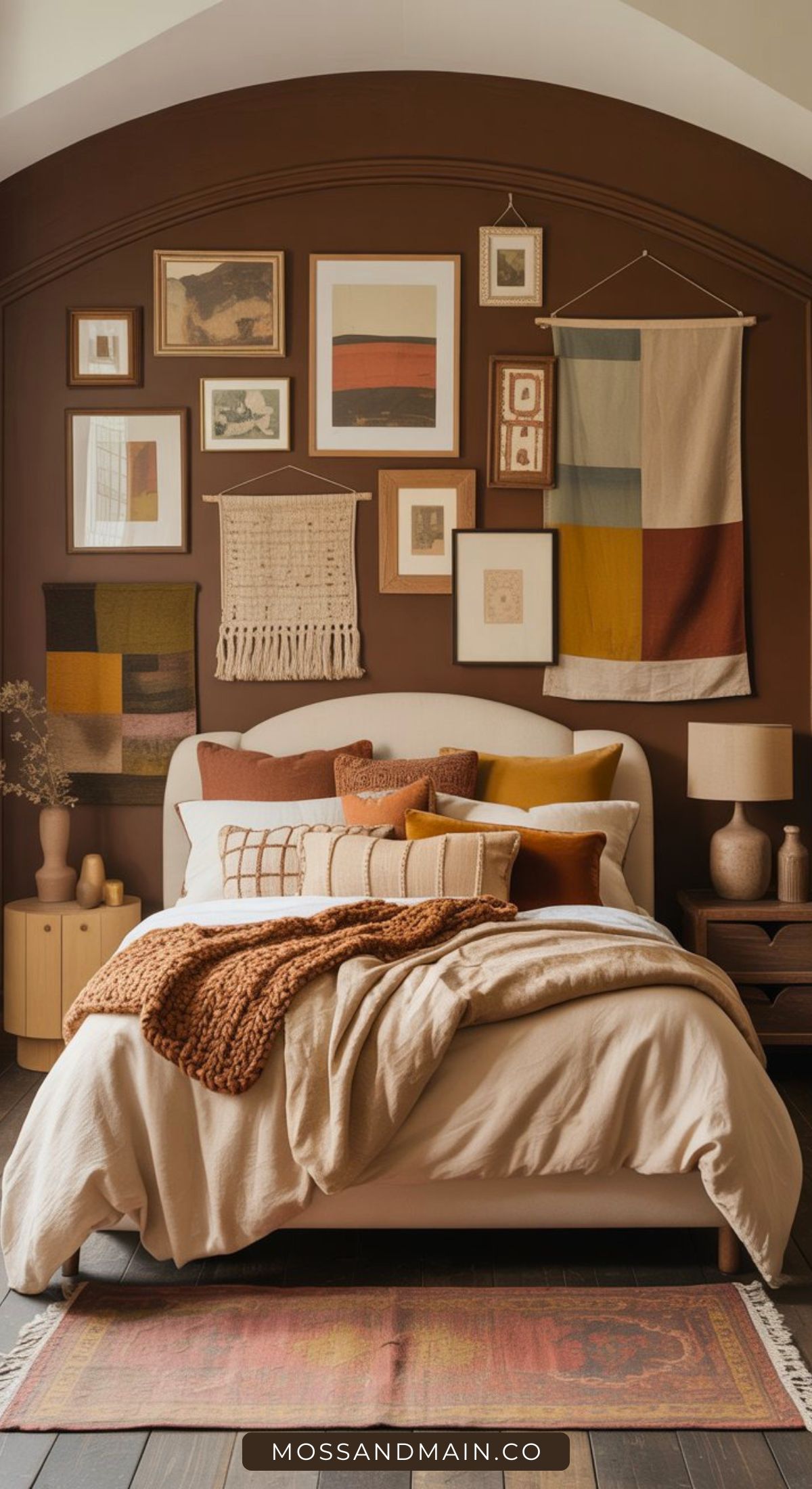 A cozy bedroom with a beige bed, rust and brown pillows, a chunky knit throw, and earth-toned wall art, including tapestries and framed pictures, set against a dark brown accent wall. Warm, earthy decor completes the scene.