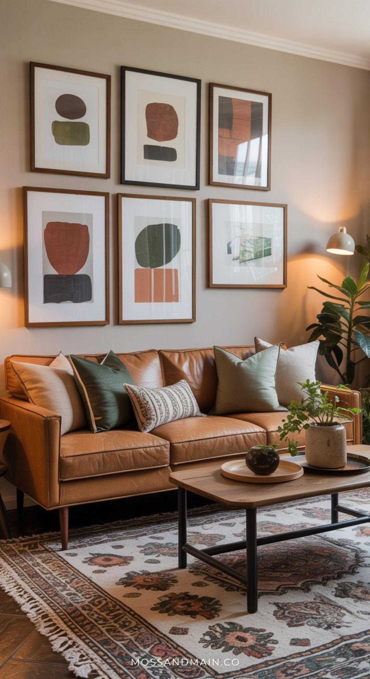 A cozy living room with a tan leather sofa, green and beige pillows, abstract art, and a patterned rug showcases earthy living room ideas. Warm light, indoor plants, and natural tones create an inviting atmosphere perfect for relaxation.