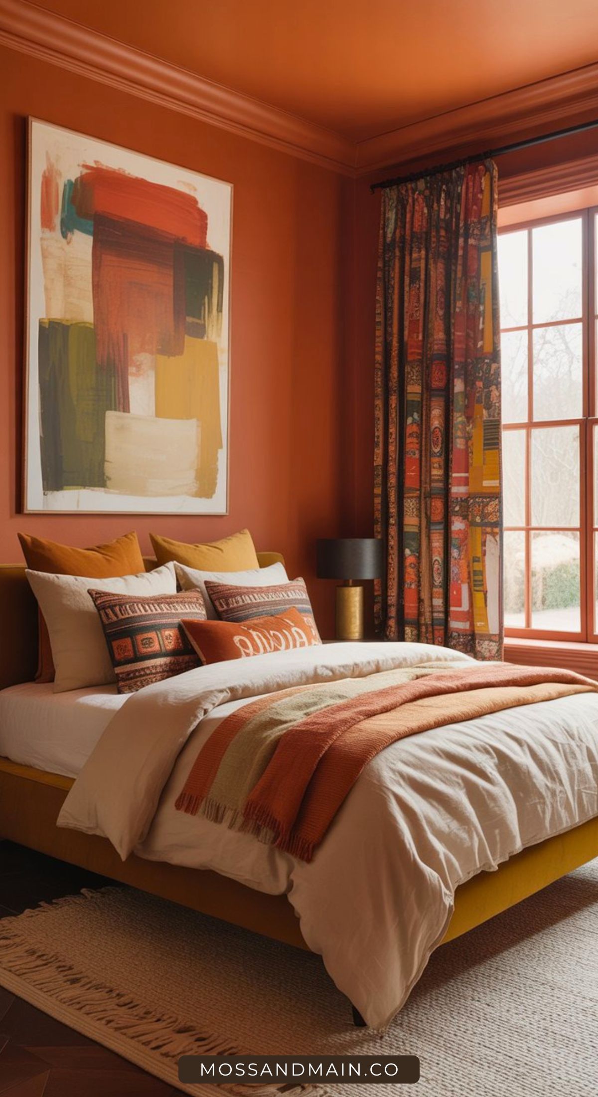 A cozy bedroom with burnt orange walls and ceiling, a large abstract painting, colorful patterned curtains, and bedding in white, orange, and brown tones. A large window lets in natural light.
