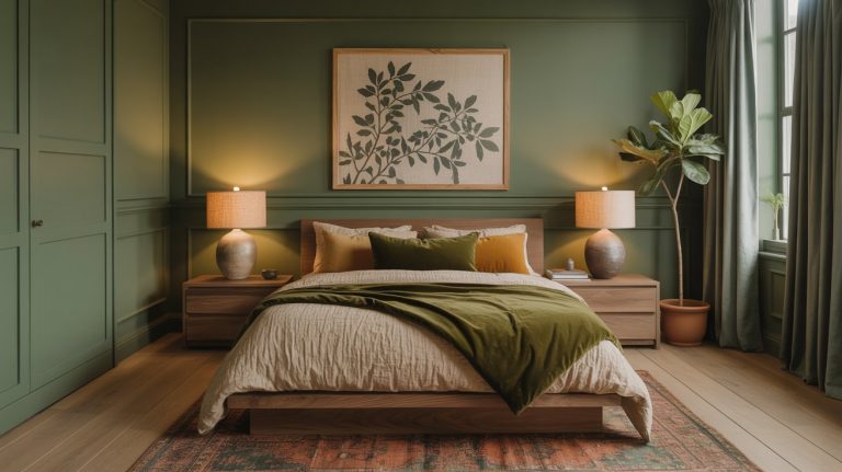 A cozy bedroom featuring green walls that showcase color drenching, a wooden bed with beige and green bedding, matching nightstands with lamps, botanical artwork above the bed, a potted plant, and natural light from a window.