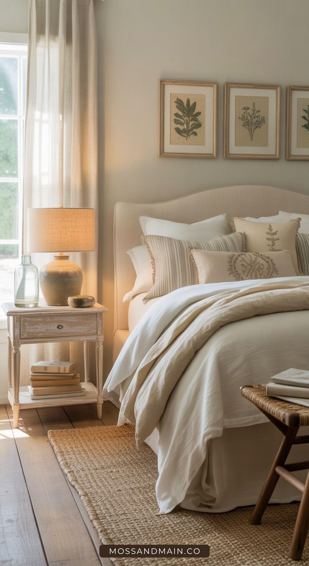 A cozy bedroom inspired by Nancy Meyers bedroom ideas: neutral tones, a beige headboard, layered pillows, a classic nightstand with books and lamp, woven rug, and botanical art above the bed. Soft light filters in through sheer curtains.