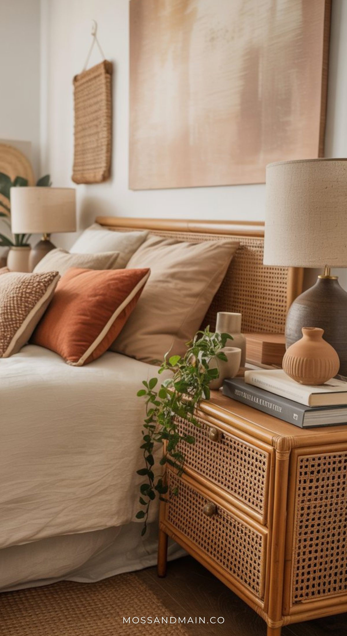 Cozy bedroom with a Boho bedside table, beige and rust pillows, neutral bedding, a potted vine plant, stacked books, and ceramic decor. A large abstract artwork and soft lighting create a warm, inviting atmosphere.