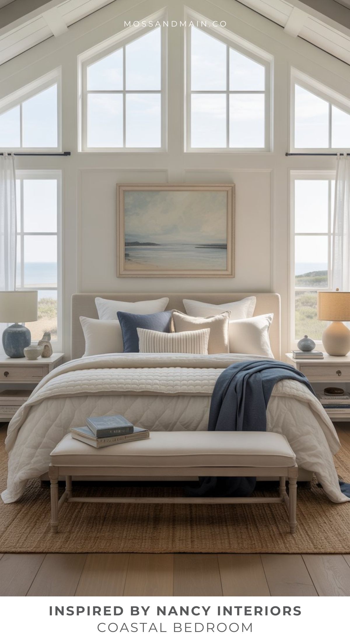 A bright, cozy bedroom inspired by Nancy Meyers bedroom ideas features white and beige bedding, blue accents, a cushioned bench, large windows with white curtains, a seascape painting above the bed, and views of sand dunes outside.