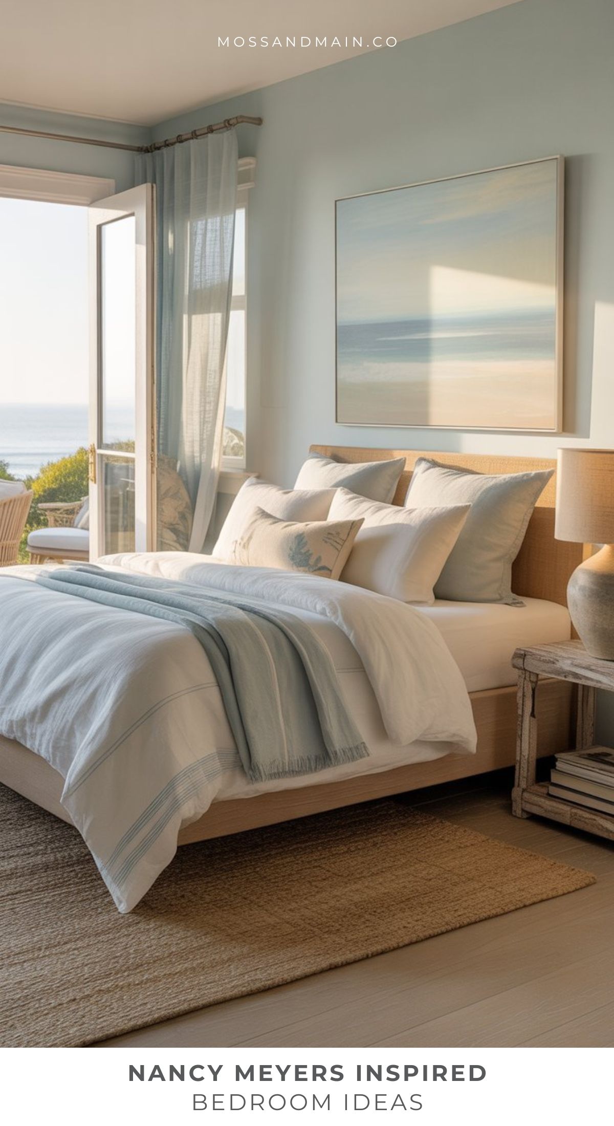 Bright, airy bedroom with coastal decor, pastel blue walls, and a large window open to a sea view. Cozy bedroom touches include a neutral woven rug, light wood bed with blue and white bedding, and matching lamps. Text: Nancy Meyers Bedroom Ideas.