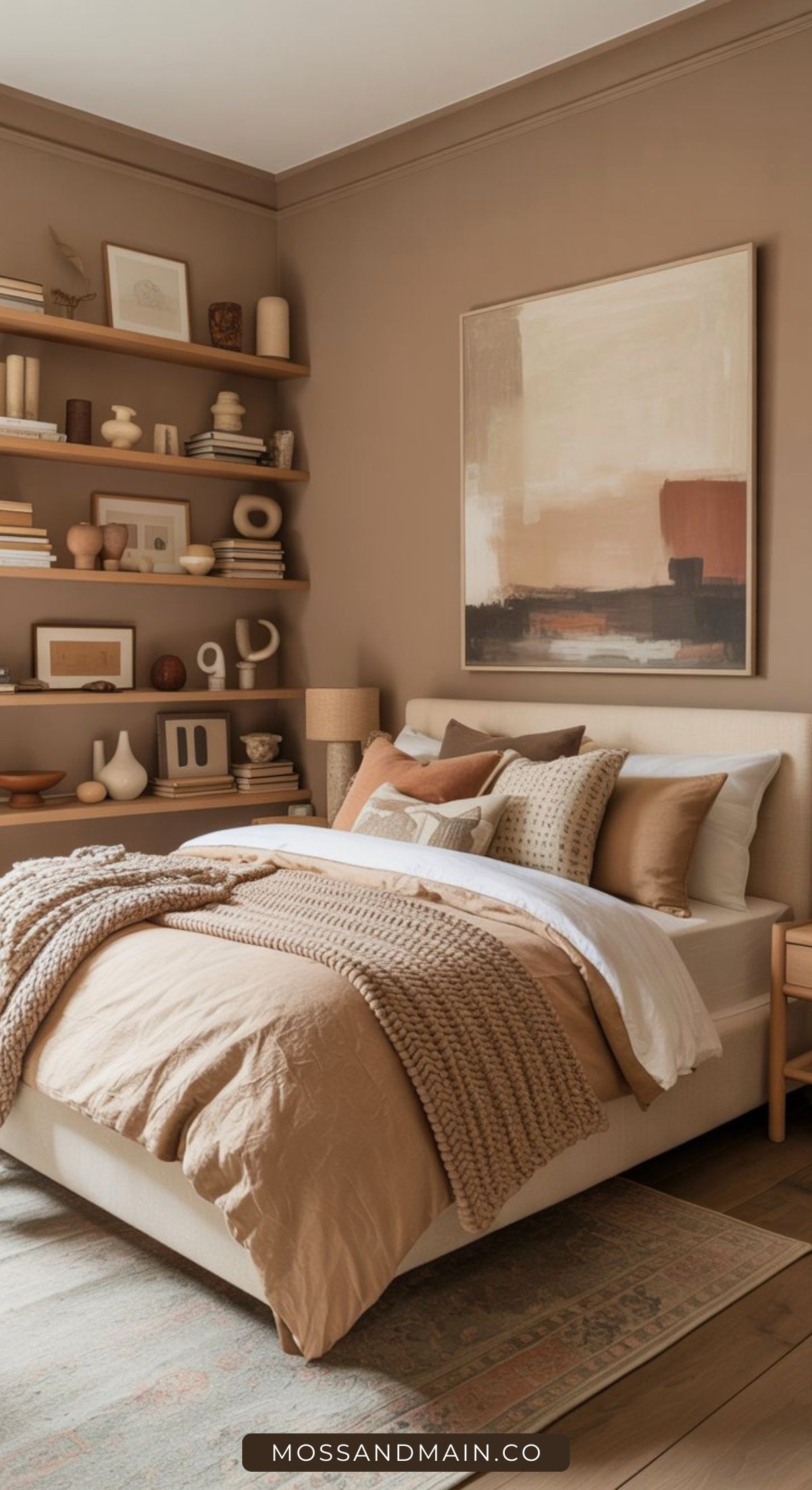 A cozy bedroom with a beige bed, textured blankets, neutral pillows, wooden shelves with decor, books, ceramics, and a large abstract painting on a taupe wall. Warm earth tones create a calm, inviting atmosphere.