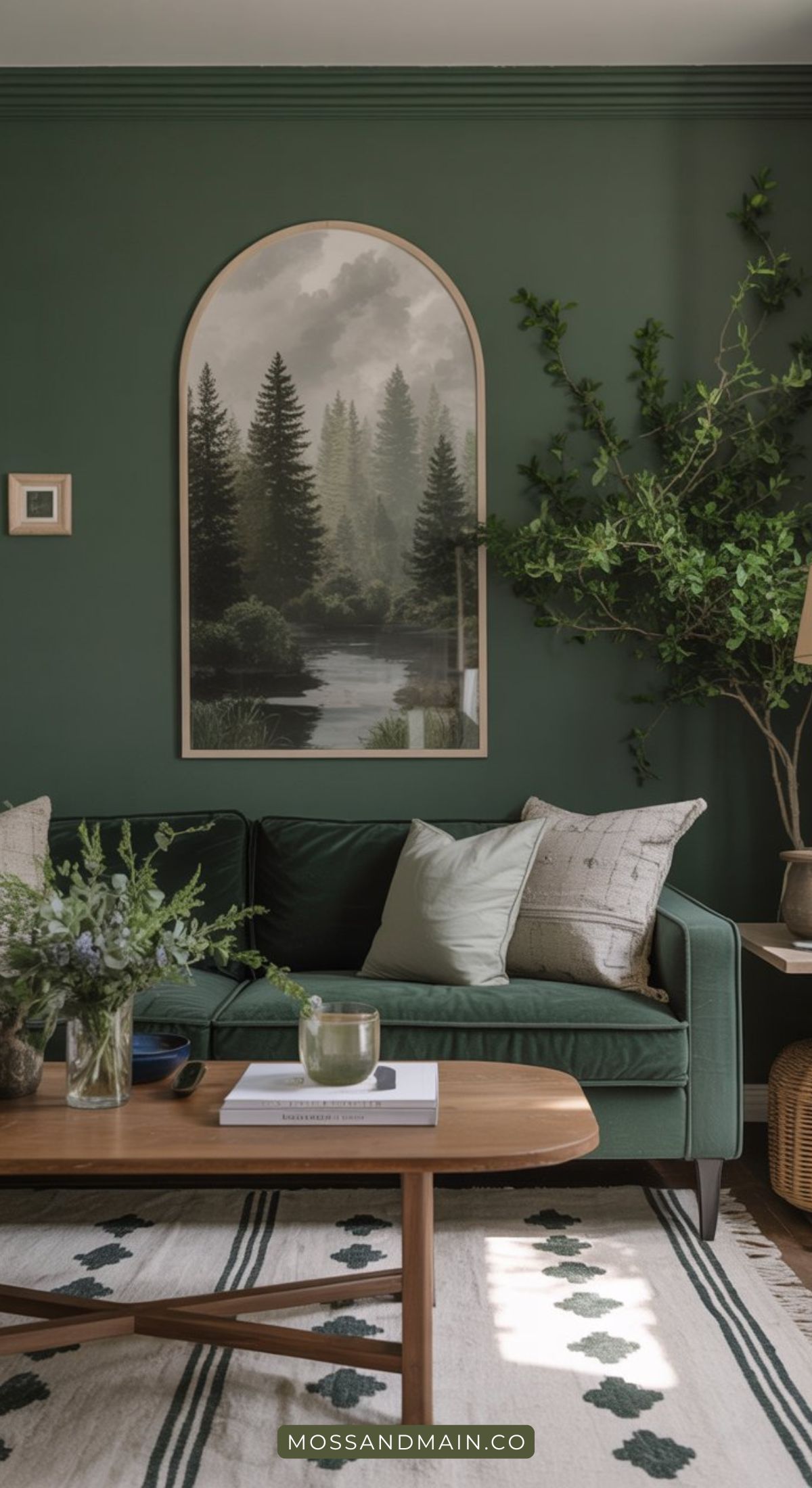 A cozy living room with a deep dark forest green wall, a green sofa with neutral pillows, wooden coffee table, and nature-themed wall art. Green plants and a patterned rug make this space feel like it belongs in a designer catalog of moody rooms.
