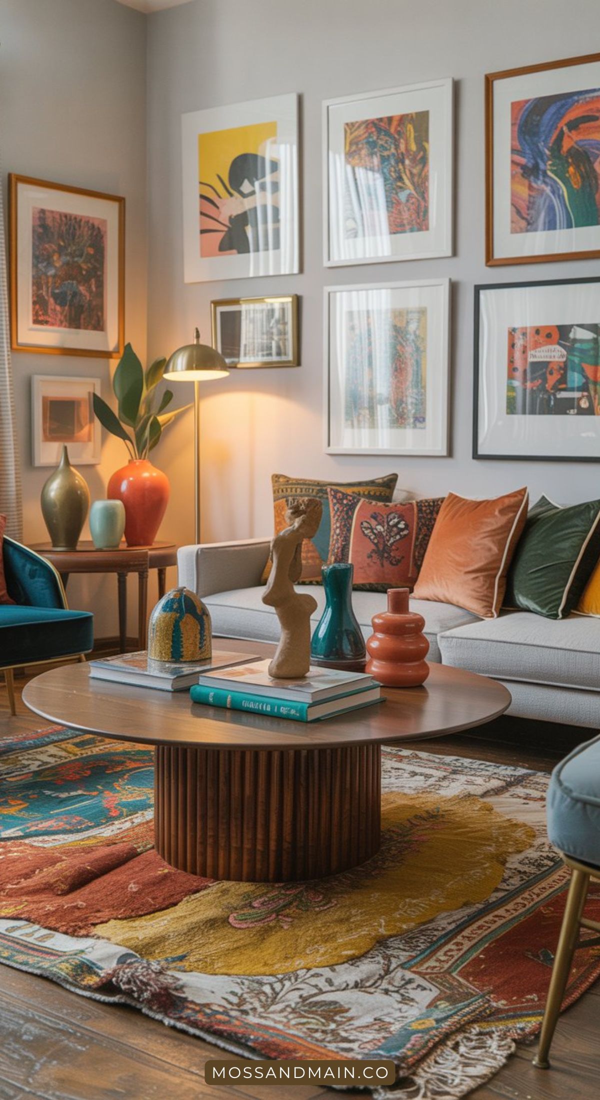A colorful, modern gray couch living room with a round coffee table, eclectic vases, abstract sculptures, patterned cushions, and art-filled walls. A patterned rug and indoor plant add warmth to this vibrant space.