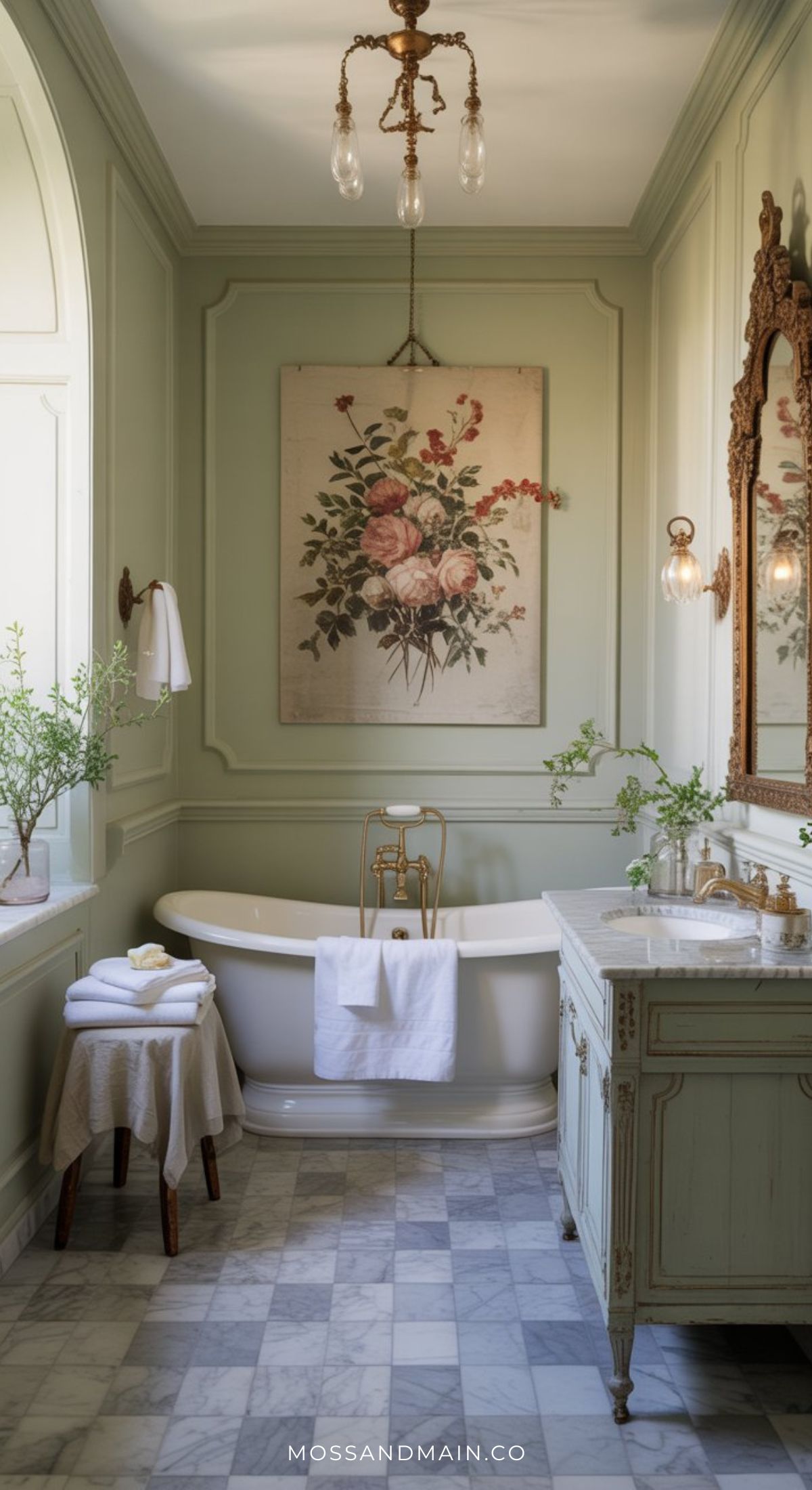A vintage-style sage green bathroom with a freestanding tub, ornate mirror, marble floor, and floral wall art. Soft sage green walls, potted plants, and natural light create a serene, elegant atmosphere—perfect for your bathroom ideas.