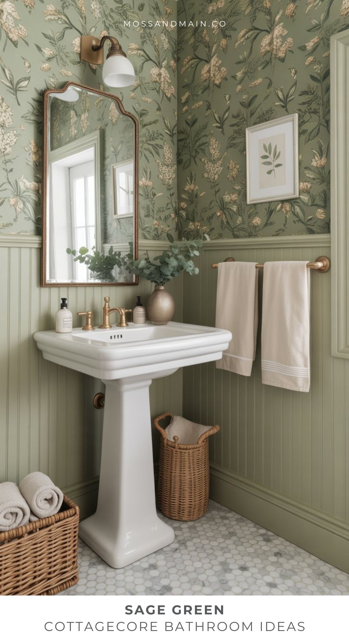 A bathroom with sage green floral wallpaper, a white pedestal sink, gold fixtures, and wicker baskets. Pale towels hang on a brass towel bar, greenery decorates the sink. Text reads: Sage green bathroom ideas for a cozy cottagecore vibe.