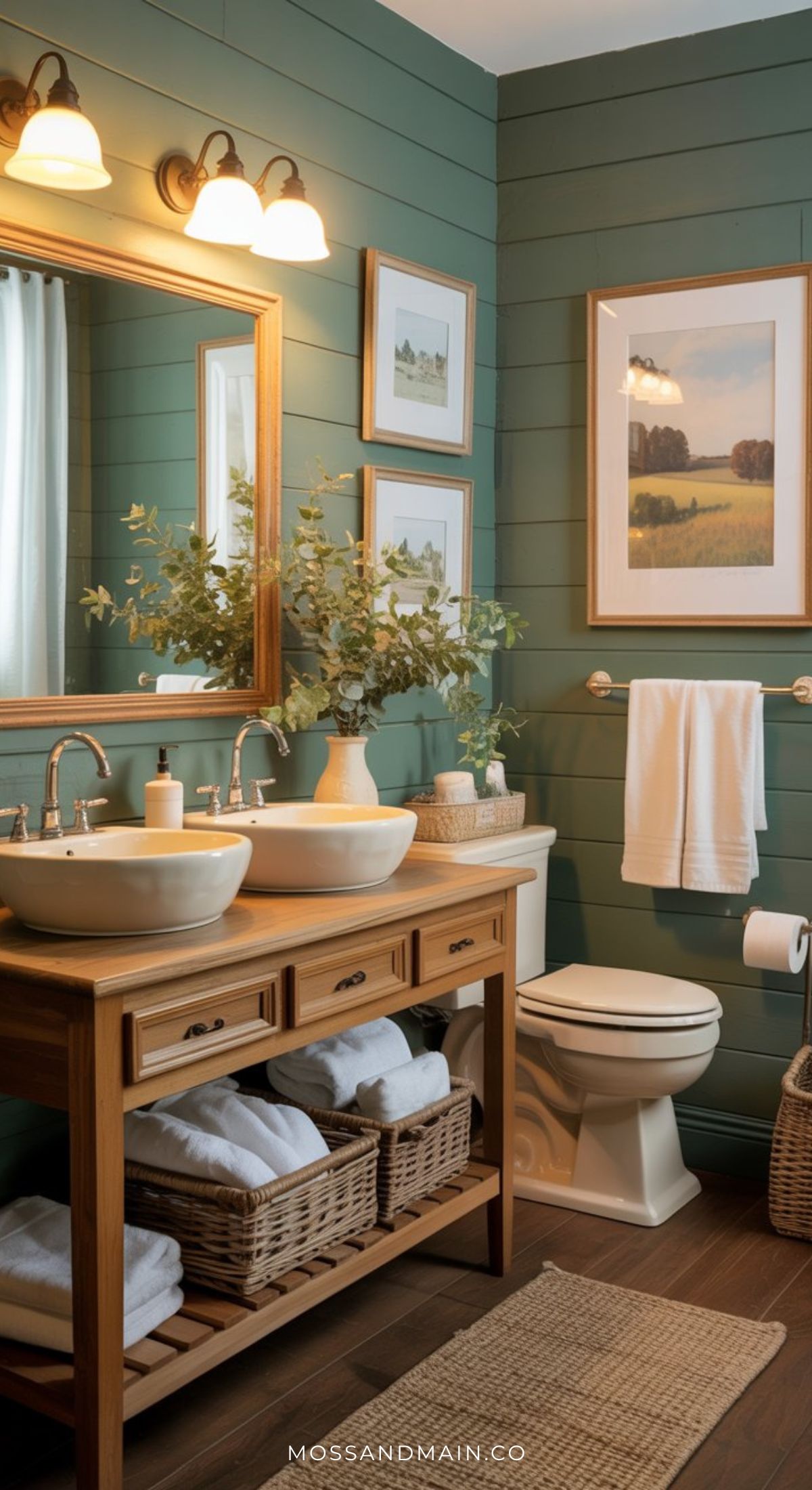 A cozy sage green bathroom with shiplap walls, a wooden vanity with double sinks, a large mirror, wicker baskets, white towels, framed wall art, and a potted plant. Warm lighting completes this inviting space—perfect for fresh bathroom ideas.