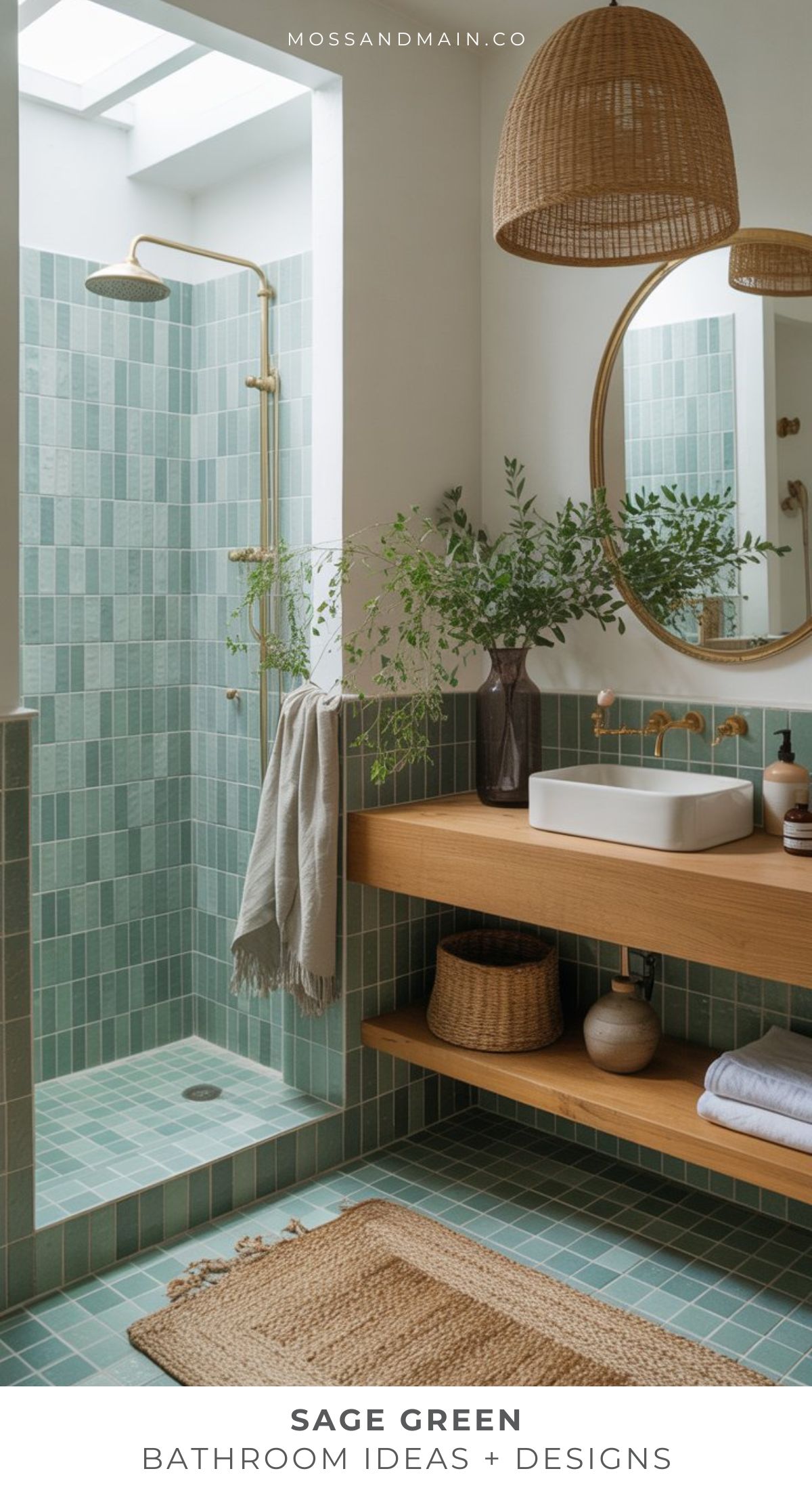 A cozy bathroom features sage green tiles, a glass shower with a gold showerhead, a wooden vanity with a round mirror, a woven pendant light, green foliage in a vase, and a woven rug on the tiled floor.