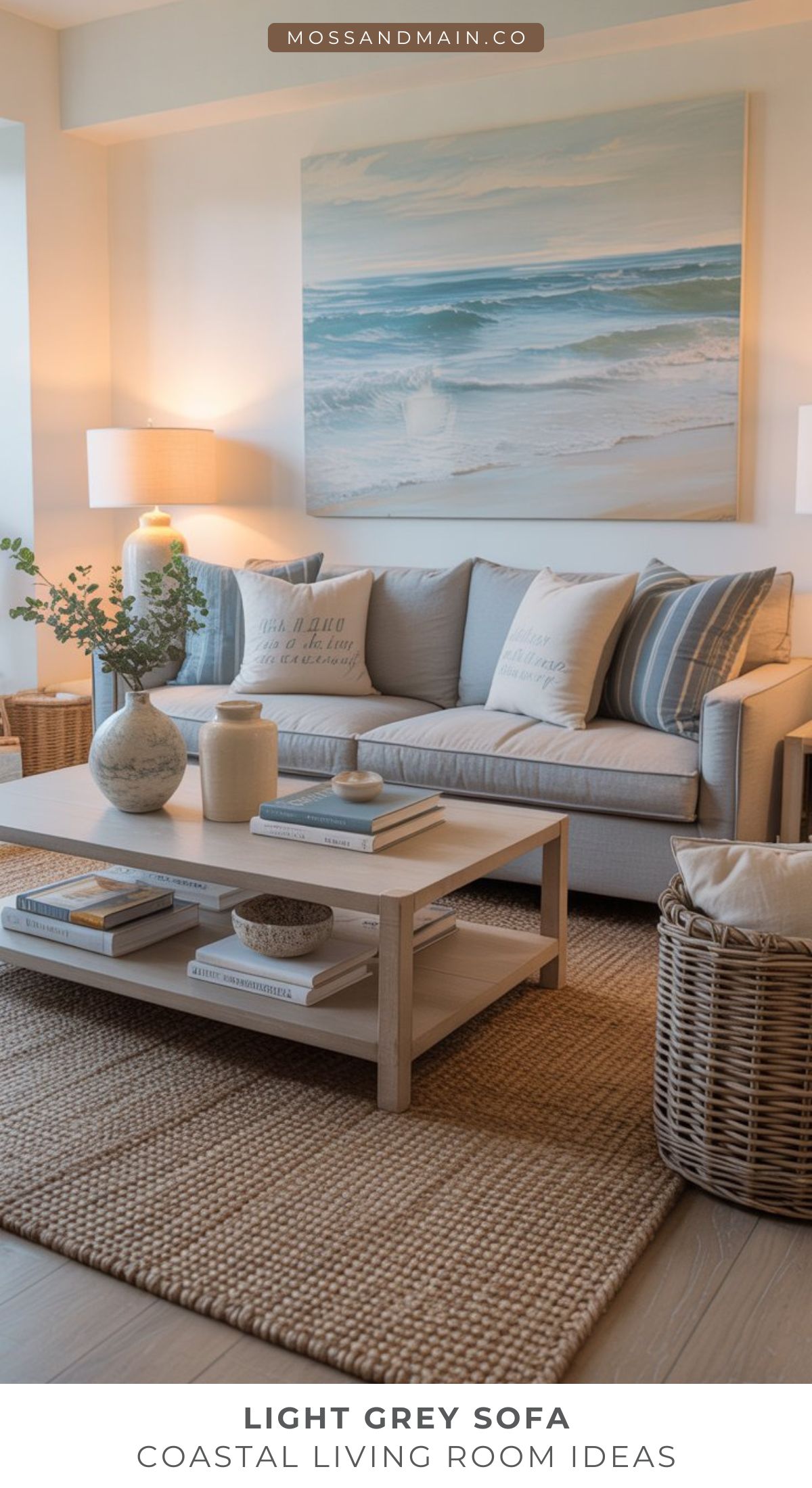 A cozy living room featuring a light gray couch with coastal-themed pillows, a woven rug, wooden coffee table with decor and books, seagrass basket, and a large ocean painting offer fresh living room ideas. Soft, natural lighting completes the space.