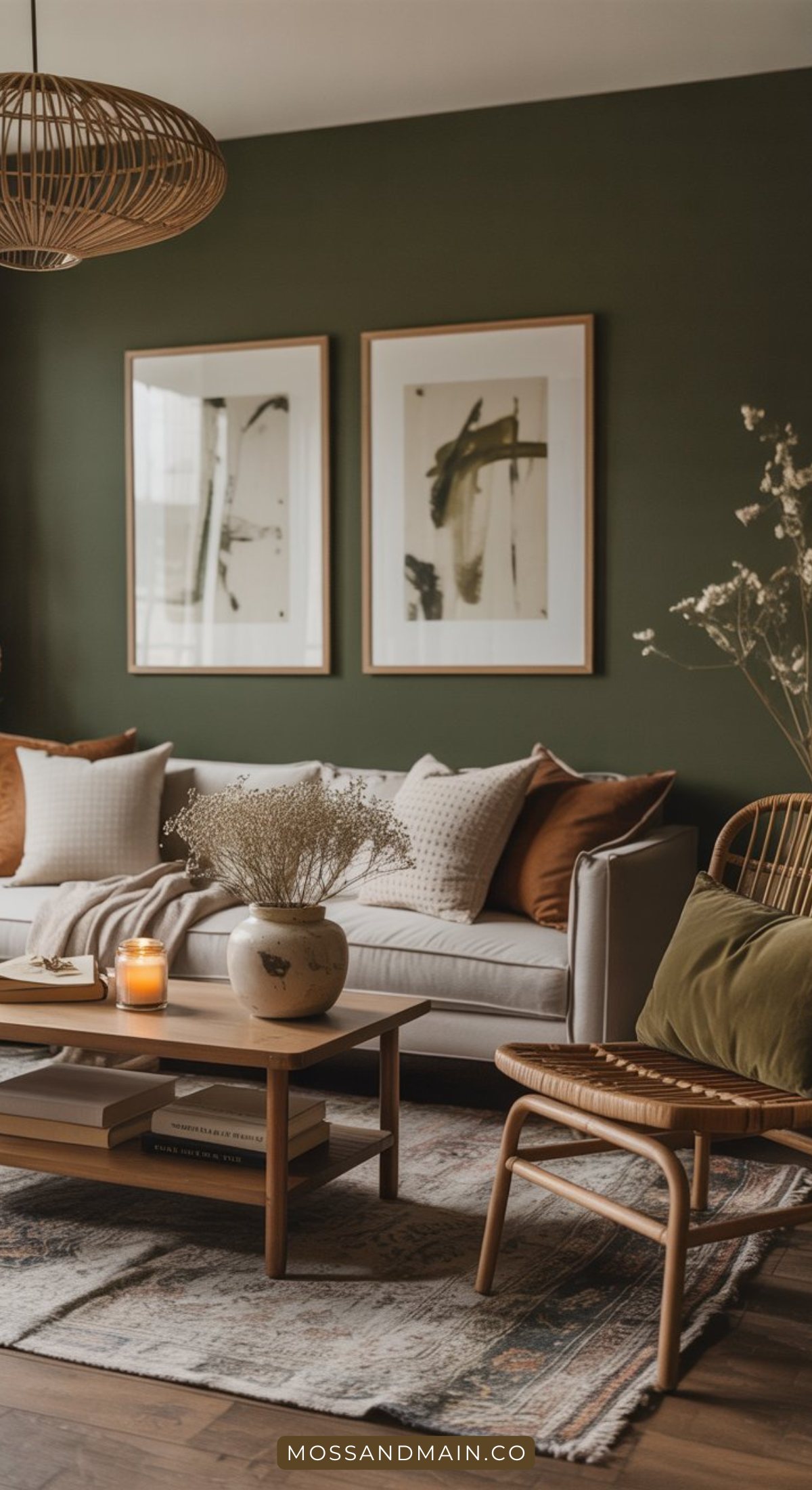 A cozy living room with a green accent wall, modern sofa with neutral pillows, two abstract art pieces, wooden coffee table with decor, a lit candle, woven chair, and patterned rug—perfect inspiration for moody living room style. Natural light fills the room.