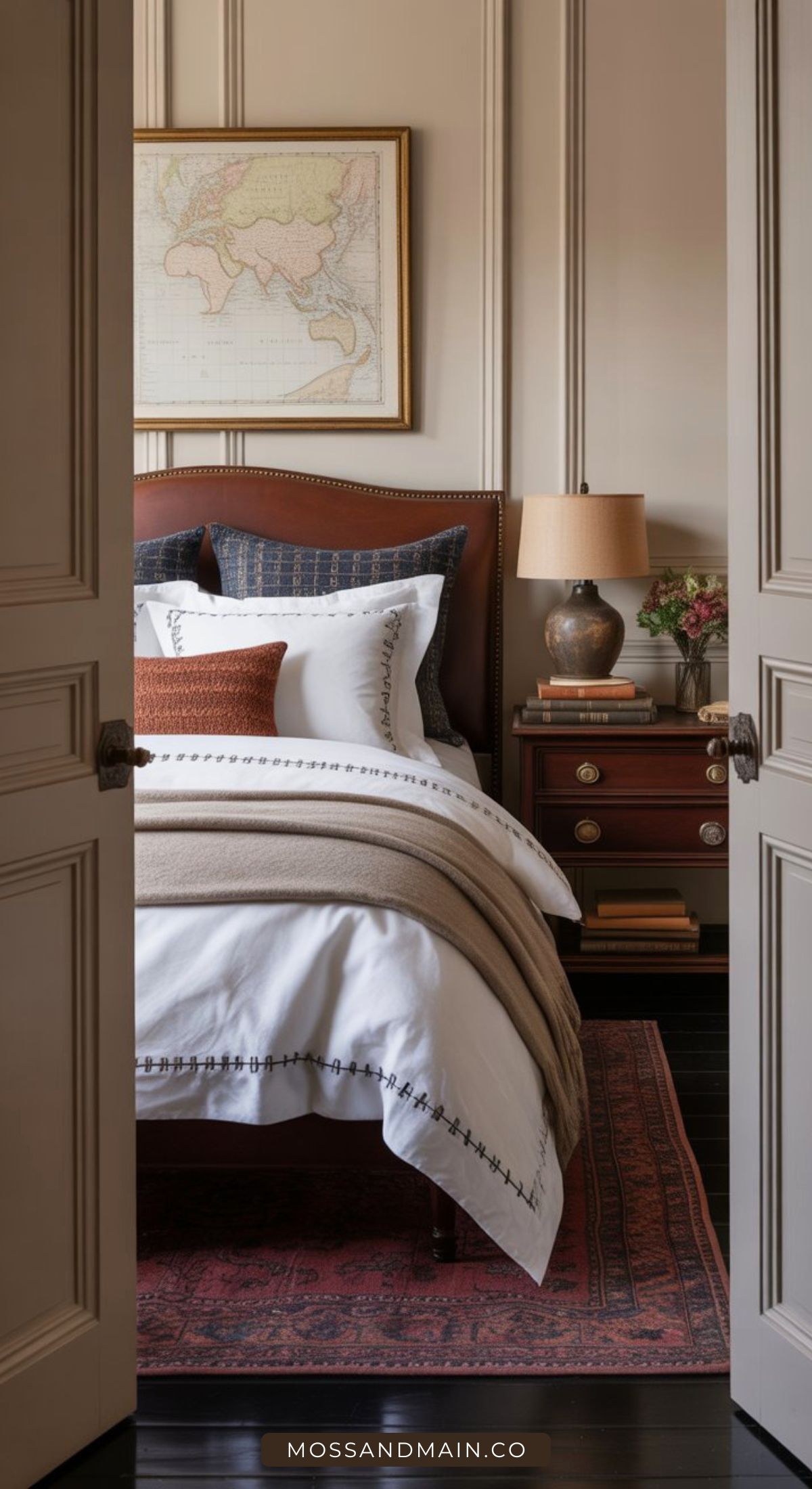 A cozy nancy meyers bedroom with a neatly made bed, layered white and beige bedding, and accent pillows. A map hangs above the wood headboard, while a nightstand with books, flowers, and a lamp completes the nancy meyers aesthetic.