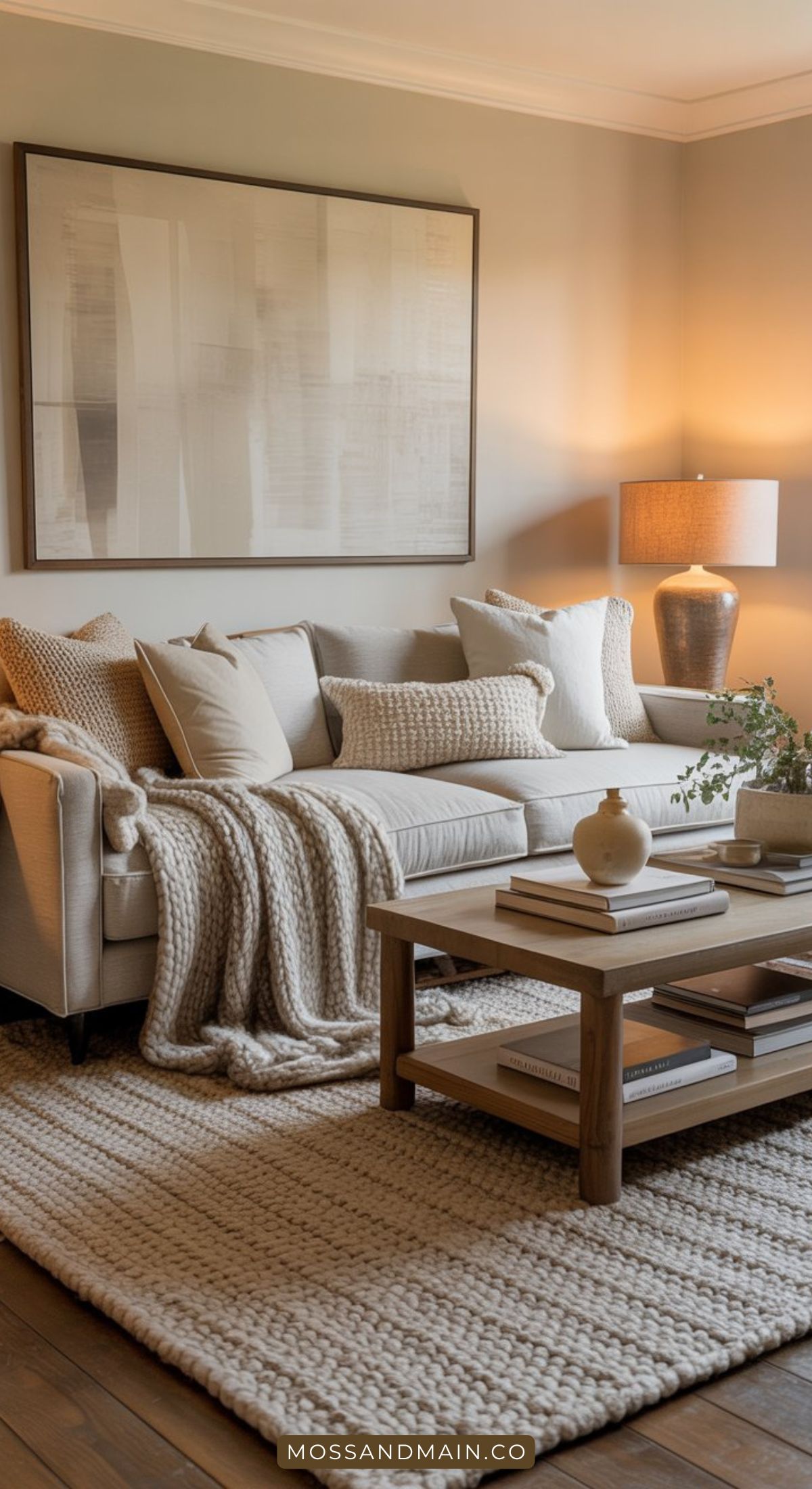 A cozy living room featuring a light gray couch with textured pillows, chunky knit blanket, wooden coffee table with decor, large abstract wall art, and a warm table lamp atop a woven rug—perfect for inspiring living room ideas.