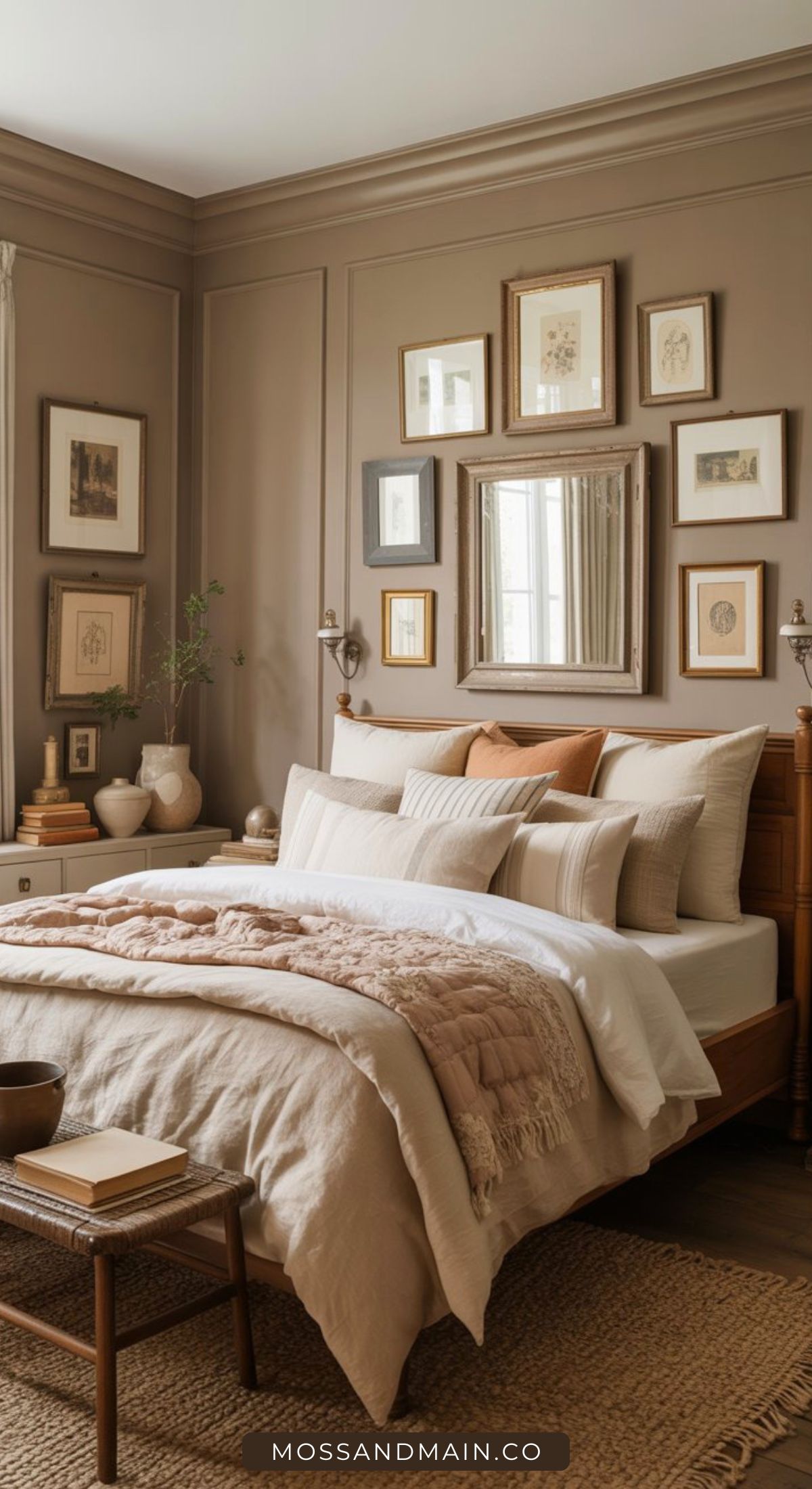 Cozy bedroom with taupe walls, a neatly made bed in neutral linens, and a cushioned throw. Framed art and a mirror hang above the bed. Natural wood furniture adds warmth—perfect inspiration for those seeking calming bedroom ideas.