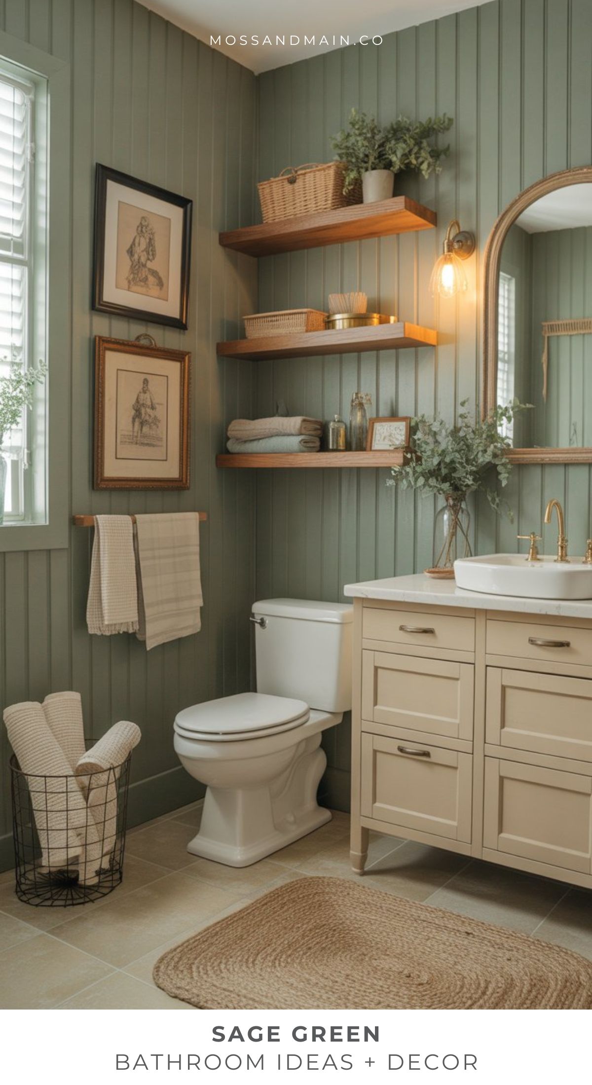 A sage green bathroom with vertical paneling, beige vanity, white toilet, floating wood shelves with decor, framed wall art, woven basket with towels, and a cozy bath mat—perfect for fresh sage green bathroom ideas. Soft natural light streams in.
