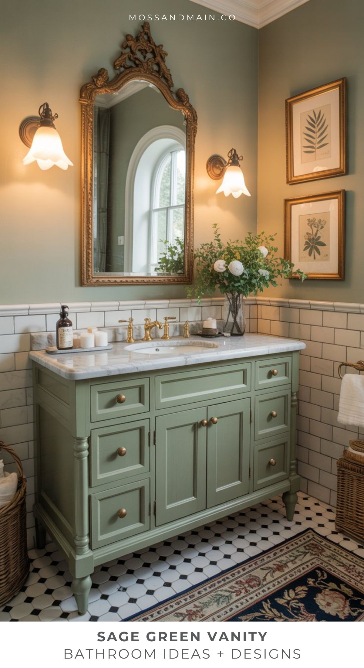 A timeless bathroom featuring a sage green vanity, marble countertop, gold framed mirror, wall sconces, white subway tiles, black and white floor tiles, framed art, and a vase of flowers on the vanity.