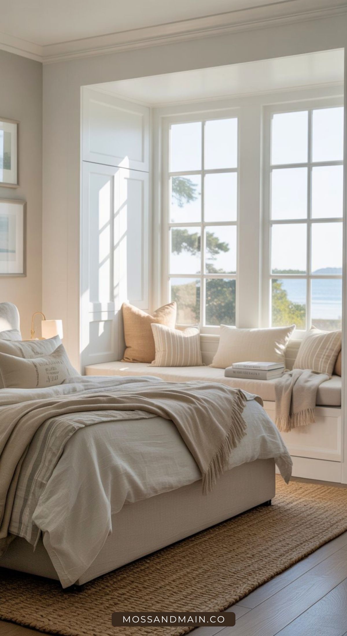 A cozy, sunlit bedroom inspired by Nancy Meyers bedroom ideas features a large window seat, beige bedding, neutral pillows, a woven rug, and serene views of trees and water—creating a bright, inviting, and tranquil retreat.