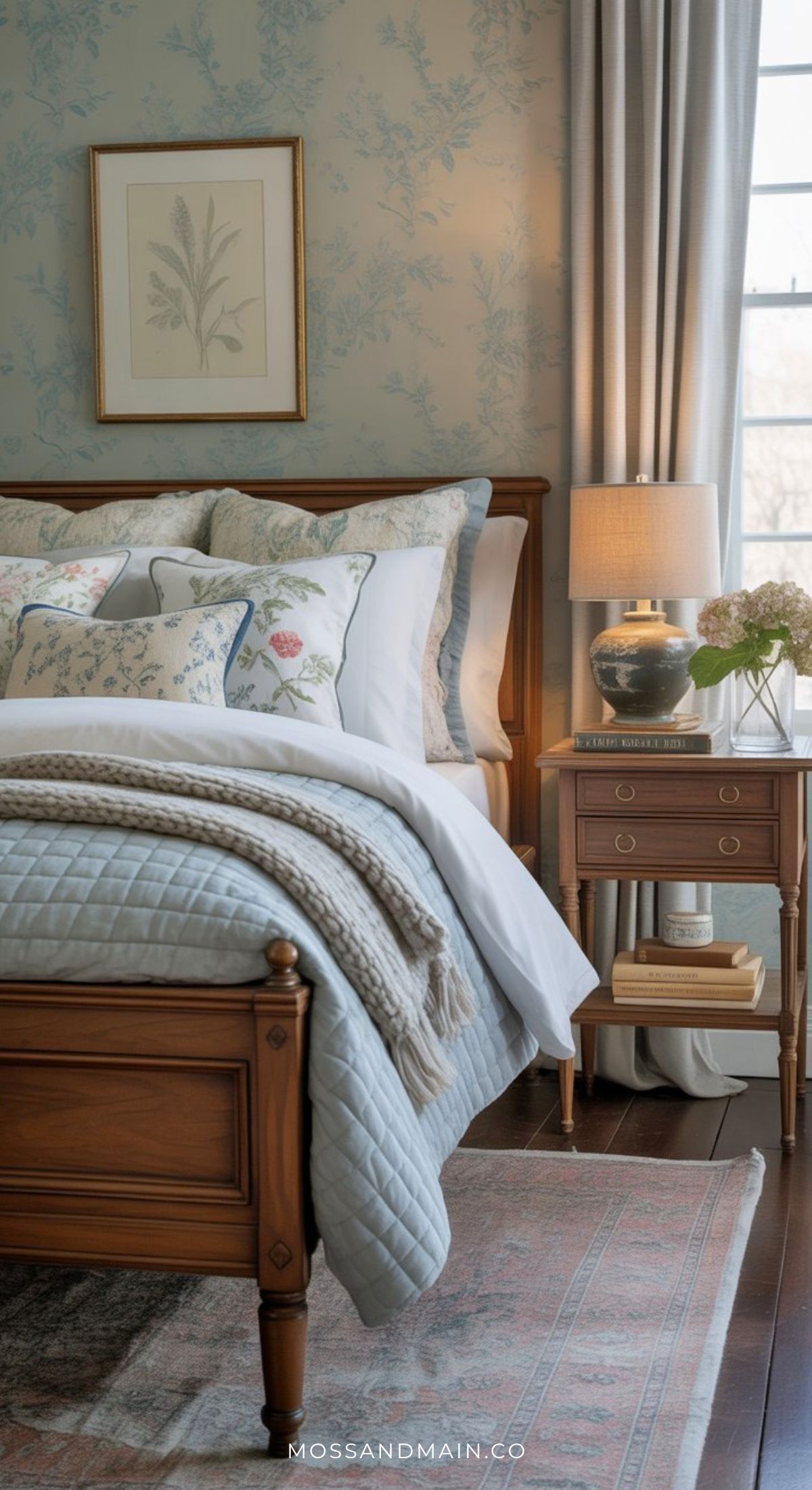 A cozy nancy meyers bedroom with a wooden bed, floral and white bedding, blue quilt, bedside table with a lamp and flowers, sheer curtains, botanical print on blue wallpaper, and sunlight streaming in for that nancy meyers aesthetic.