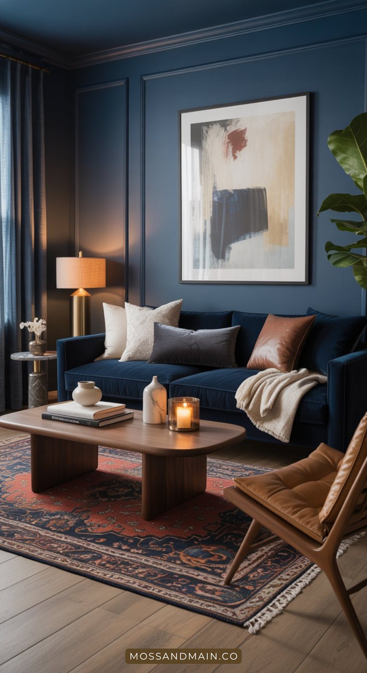 A moody living room with dark blue walls, a navy velvet sofa with assorted pillows, a wooden coffee table topped with candles and decor, a leather chair, a large abstract painting, and a patterned rug for cozy charm.