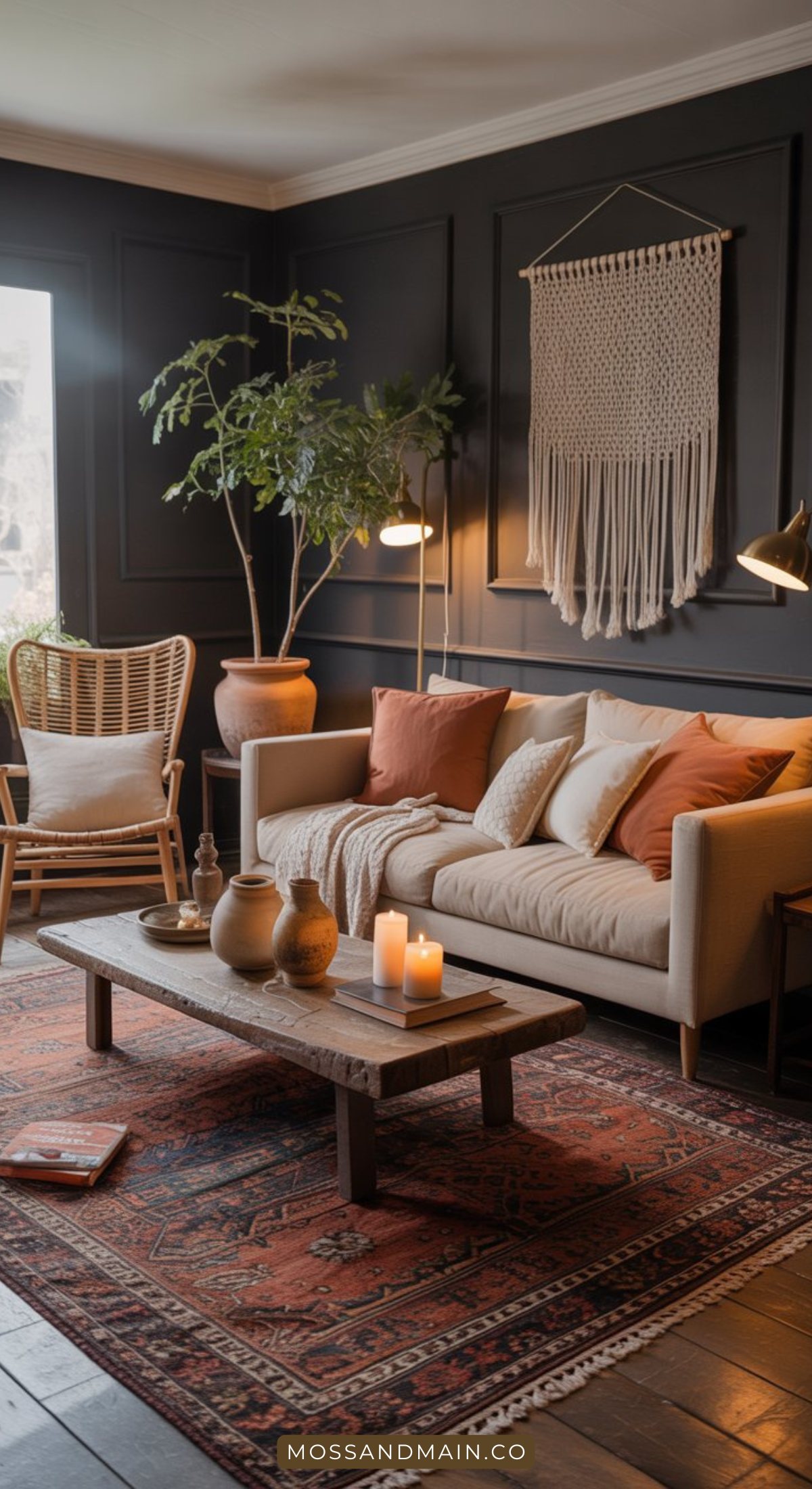 A cozy living room with a beige sofa, orange and beige cushions, a wooden coffee table with candles, a woven chair, potted plants, a patterned rug, and a macrame wall hanging offers inspiration for moody living room decor filled with warm natural light.