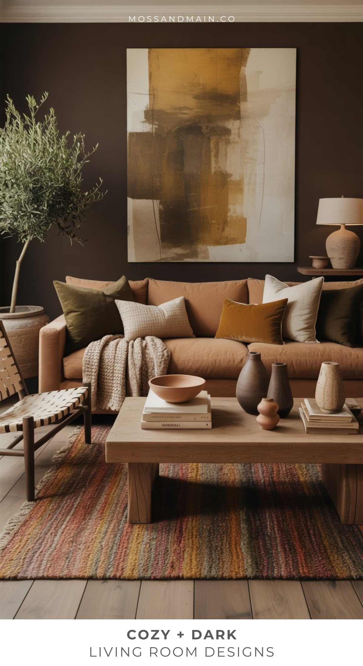 A cozy, bold living room with a brown sofa, earth-toned pillows, a wooden coffee table, decorative vases, a potted plant, abstract wall art, and a striped rug—perfect dark living room ideas to transform your space with warm sophistication.
