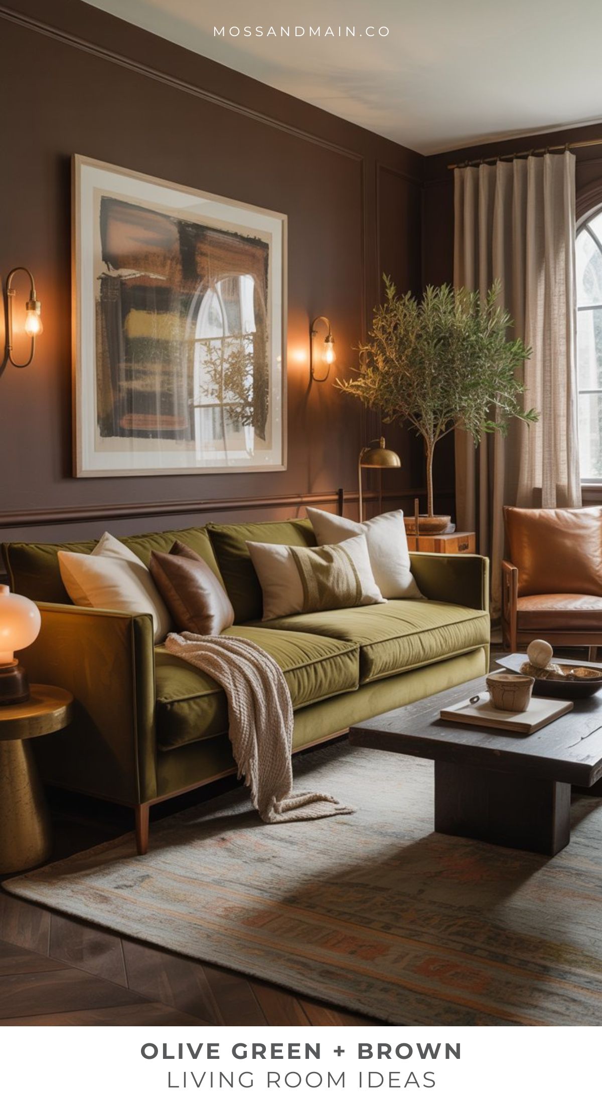 A modern brown and green living room with an olive sofa, abstract wall art, a potted olive tree, wooden coffee table, and soft lighting—offering earthy living room ideas for a cozy and stylish atmosphere.