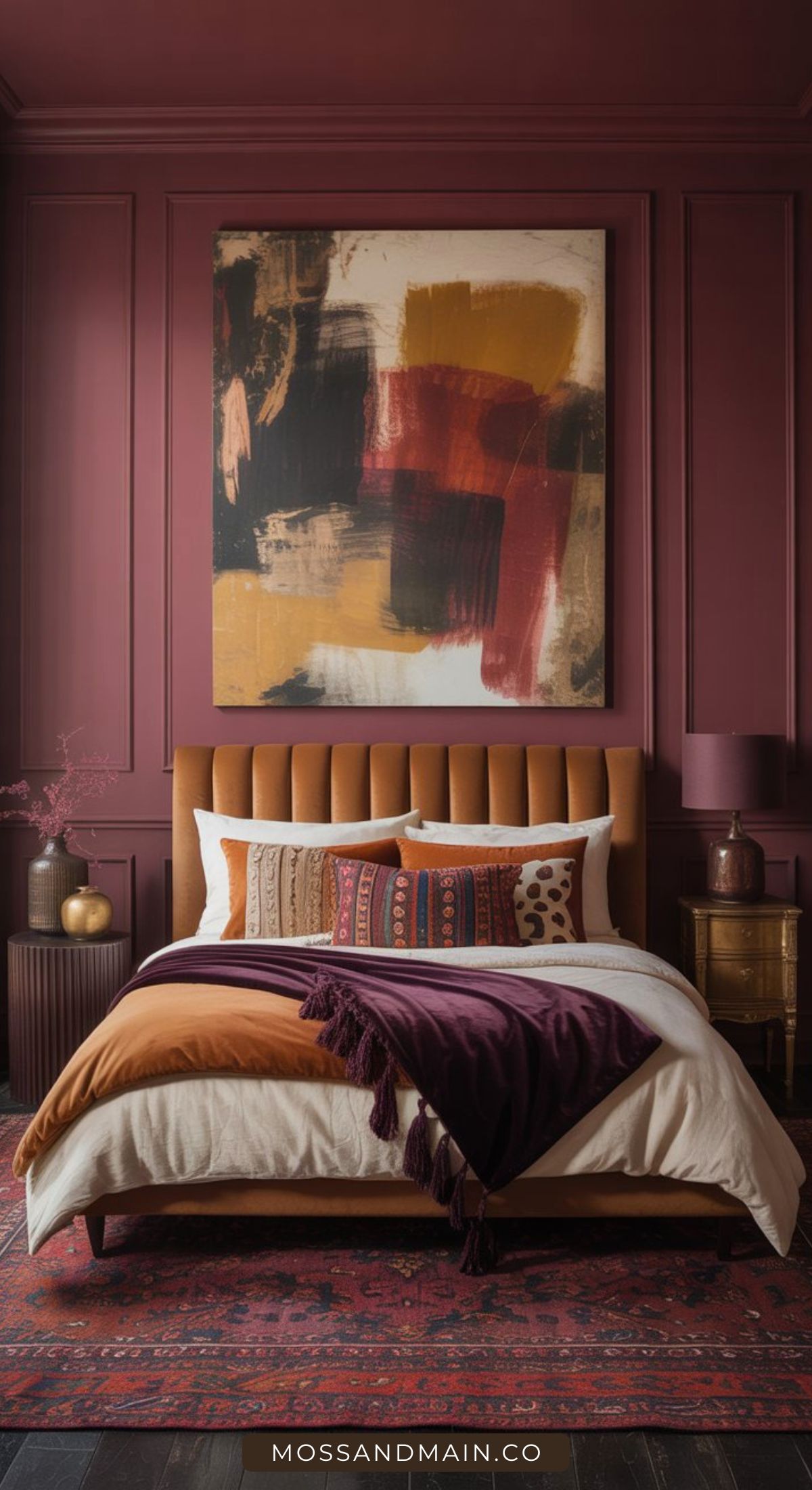A stylish bedroom with dark red walls, an abstract painting above a tufted brown headboard, colorful pillows and blankets on the bed, and decorative vases on bedside tables. A patterned rug covers the dark floor.