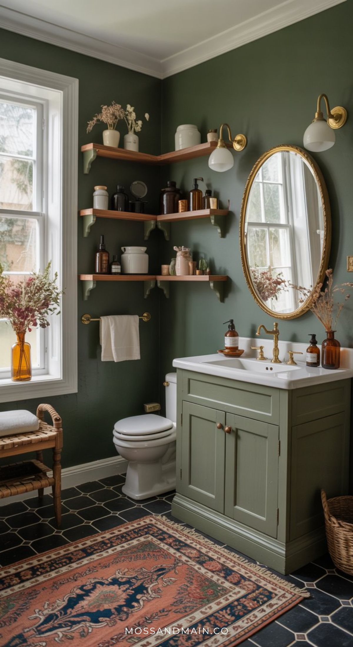 A stylish sage green bathroom with black tile floor, green vanity and white sink, round mirror, wall shelves holding jars and plants—discover bathroom ideas in this cozy space with a window, woven chair, and patterned rug.