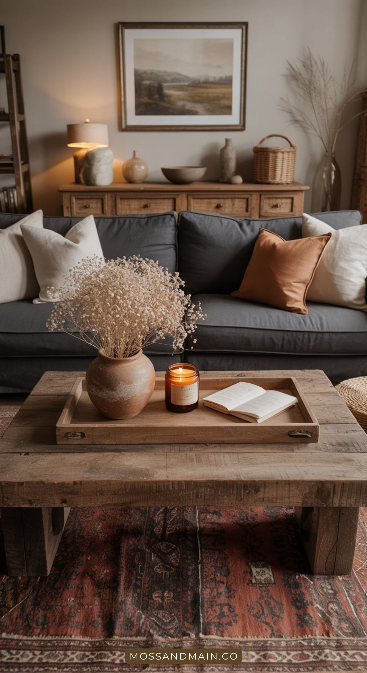 A cozy gray couch living room idea featuring neutrals—grey sofa with tan pillows, a wooden coffee table topped with dried flowers, an open book, and a lit candle. A rustic sideboard and framed art complete the inviting living room decor.