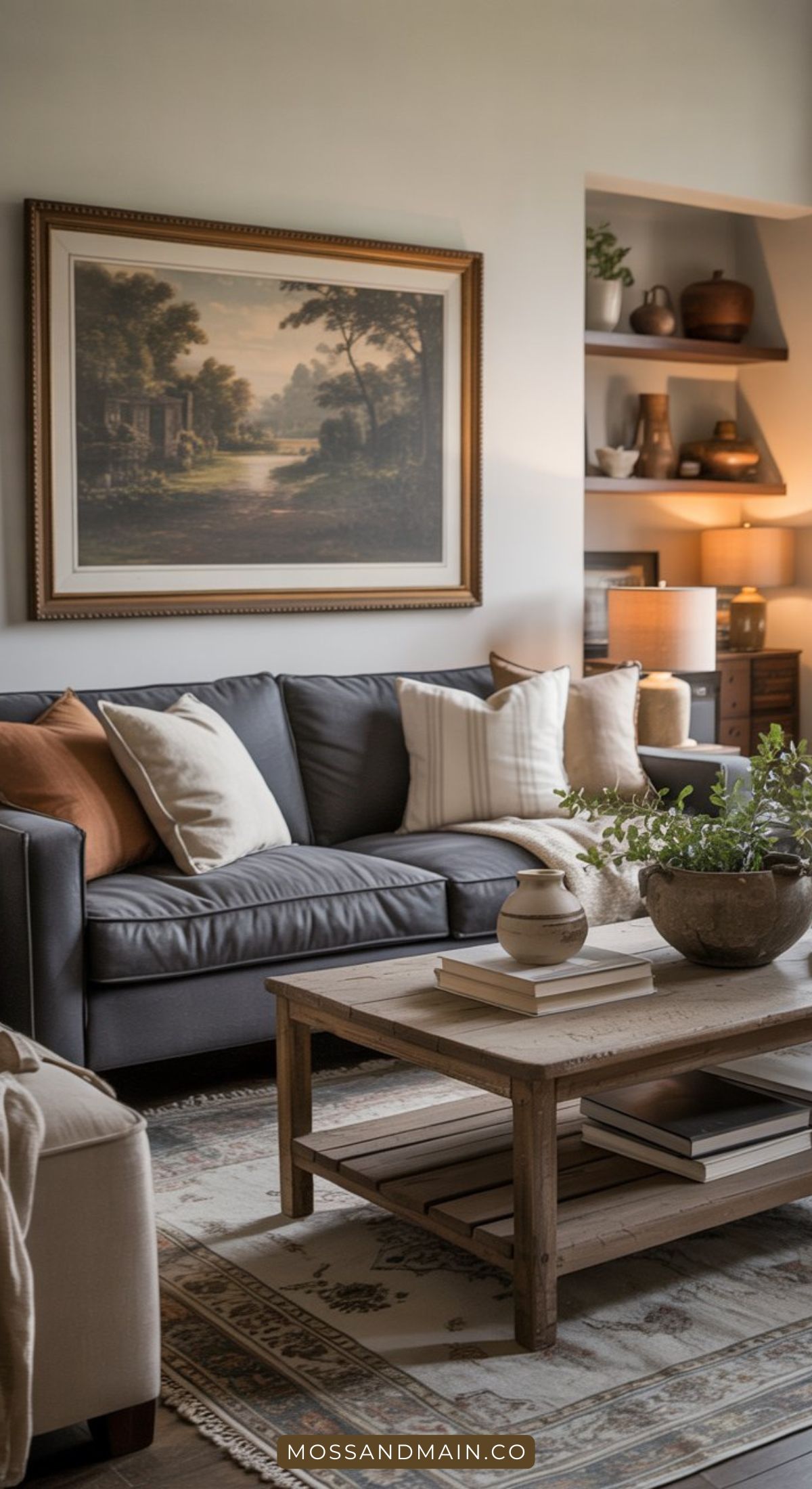 A cozy gray couch living room features assorted throw pillows, a wooden coffee table with books and a vase, wall art above the couch, shelves with decor, and warm, neutral tones throughout the space.