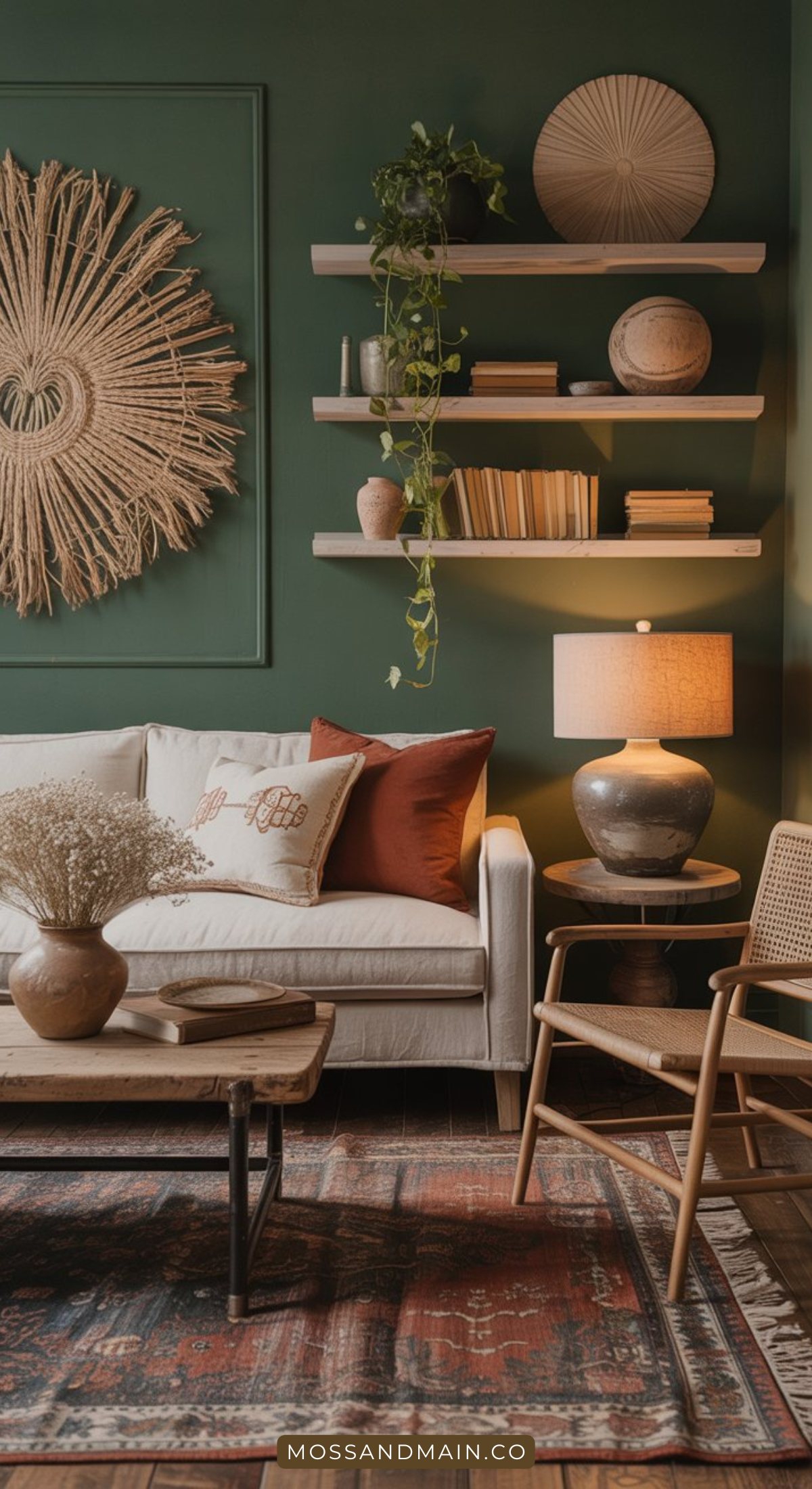 A cozy living room with a green wall, beige sofa, wooden coffee table, woven armchair, earthy decor, and bookshelves embraces moody interiors. Dried plants and wall art add a natural touch to this inviting space.