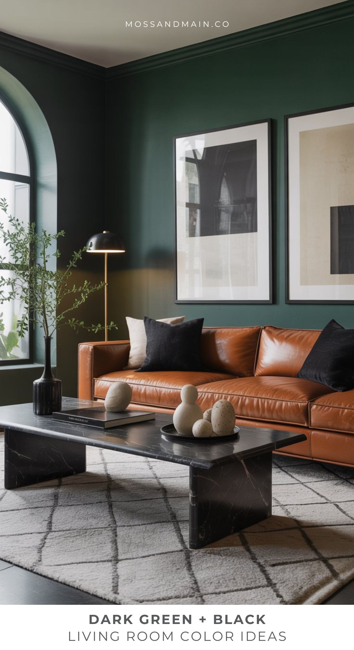 A stylish living room features a green color scheme with a dark green wall, brown leather sofa, black coffee table, modern floor lamp, and abstract wall art. Decorative vases sit on the table, while a geometric rug covers the floor.