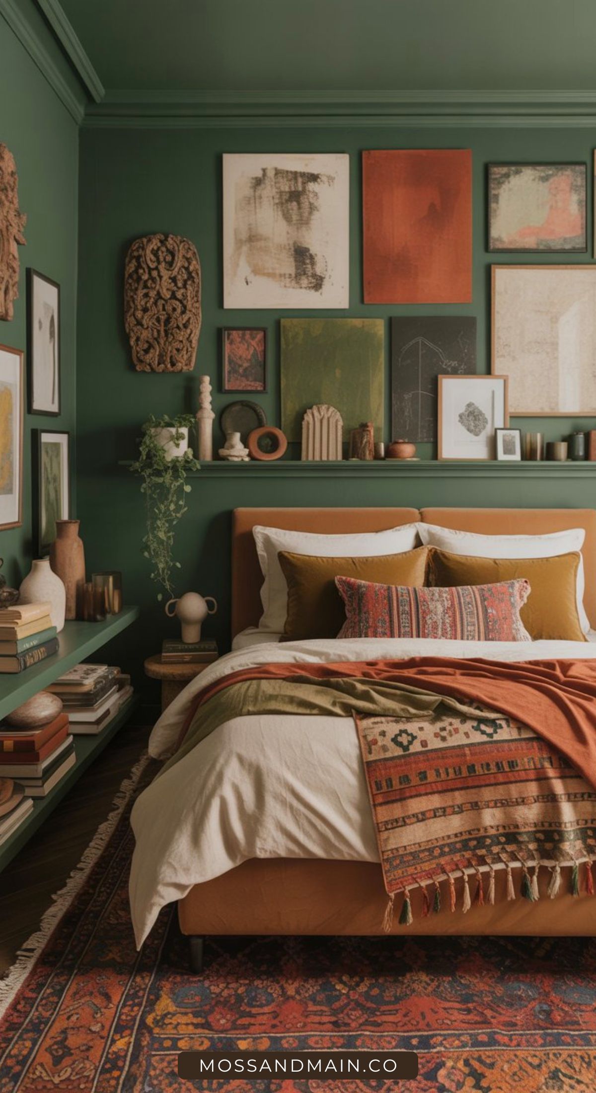 A cozy bedroom with dark green walls, a bed with patterned pillows and a colorful throw, eclectic wall art, books, plants, and decorative objects creating a warm, inviting atmosphere.
