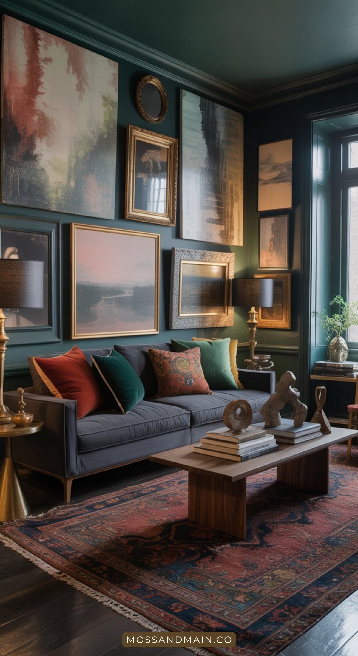 A stylish grey sofa living room with dark green walls, colorful pillows, abstract art, a wooden coffee table with decor, brass accents, and a red patterned rug. Sunlight streams through the window.